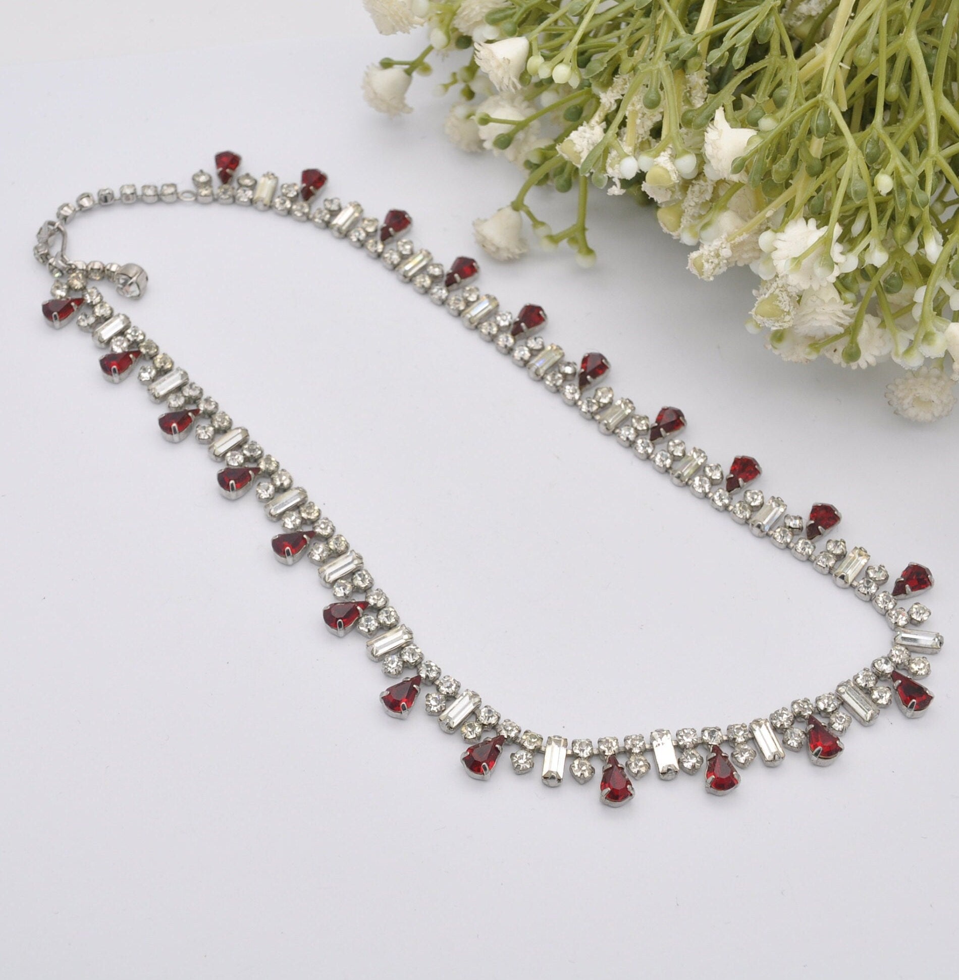 Vintage Sparkly Rhinestone Necklace - Clear and Red Stones | Adjustable Collar Choker Length | 14.5" 37cm to 15.7" 40cm