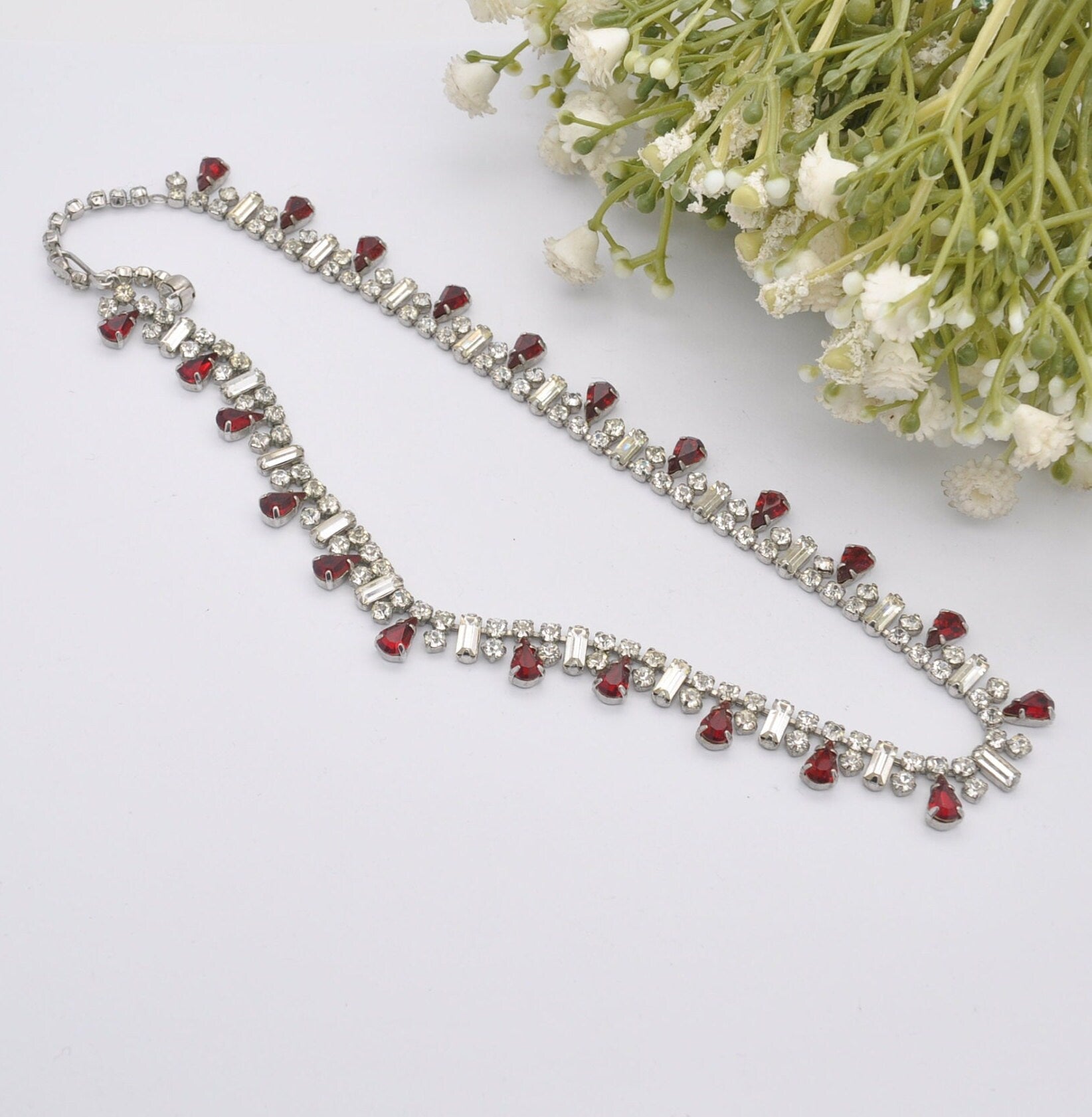 Vintage Sparkly Rhinestone Necklace - Clear and Red Stones | Adjustable Collar Choker Length | 14.5" 37cm to 15.7" 40cm