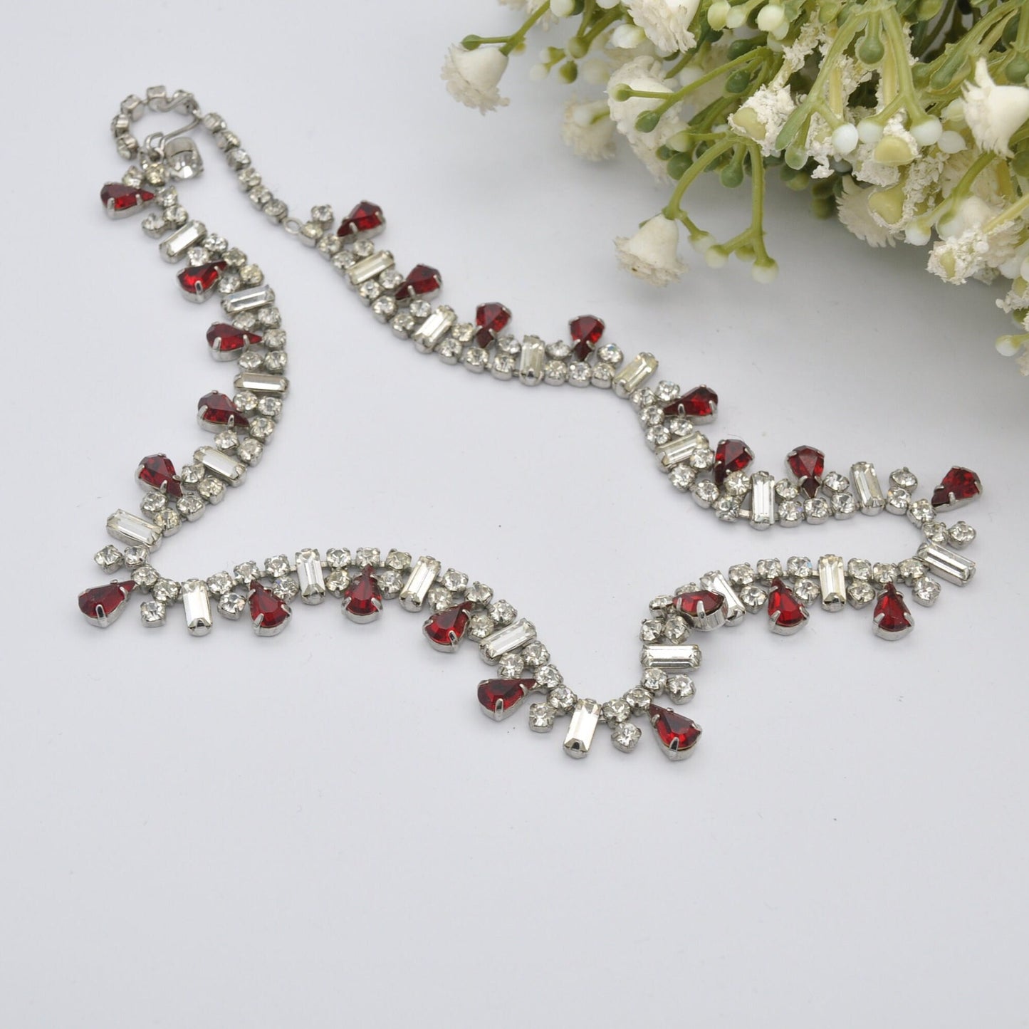 Vintage Sparkly Rhinestone Necklace - Clear and Red Stones | Adjustable Collar Choker Length | 14.5" 37cm to 15.7" 40cm