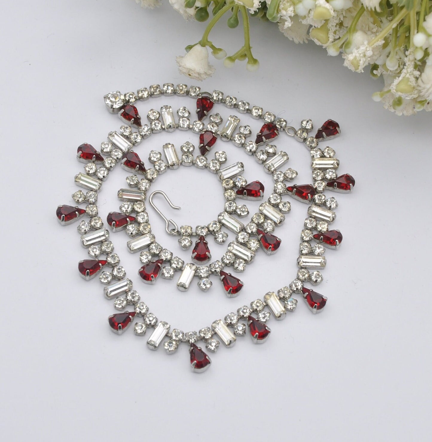 Vintage Sparkly Rhinestone Necklace - Clear and Red Stones | Adjustable Collar Choker Length | 14.5" 37cm to 15.7" 40cm