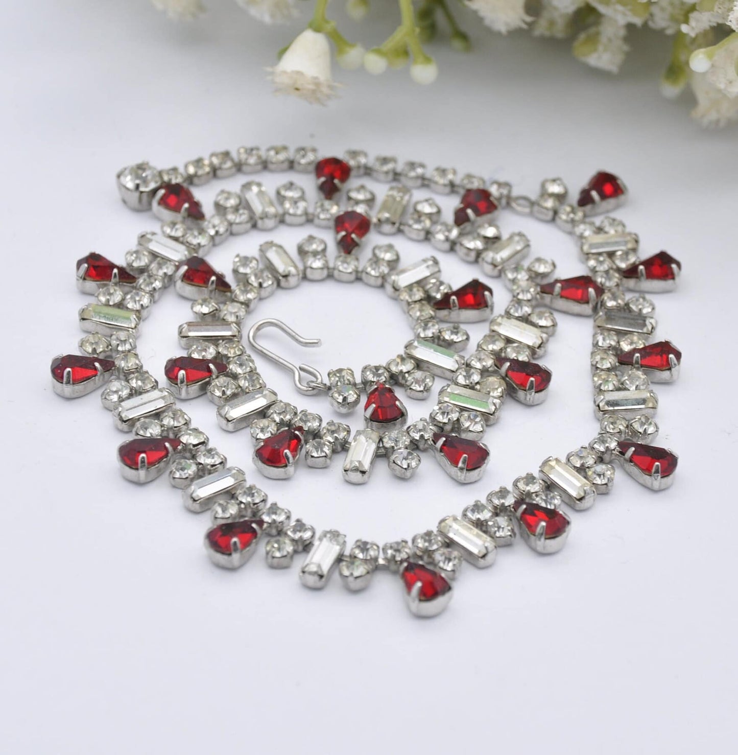 Vintage Sparkly Rhinestone Necklace - Clear and Red Stones | Adjustable Collar Choker Length | 14.5" 37cm to 15.7" 40cm