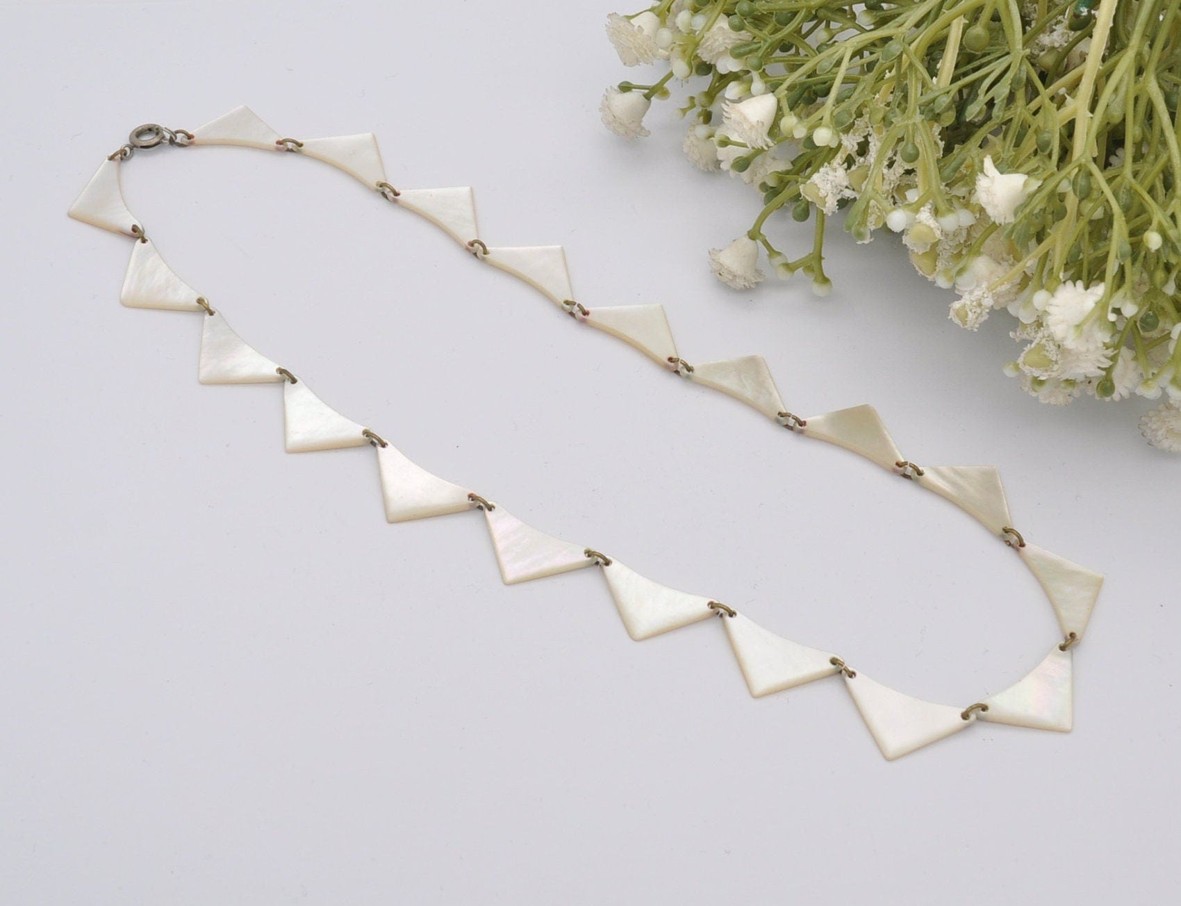 Vintage Mother of Pearl Choker Necklace - Made in West Germany | Unusual Kitsch Jewellery | Triangle Panel Shaped | 17" 43.5cm