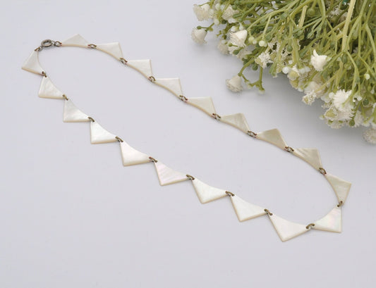 Vintage Mother of Pearl Choker Necklace - Made in West Germany | Unusual Kitsch Jewellery | Triangle Panel Shaped | 17" 43.5cm