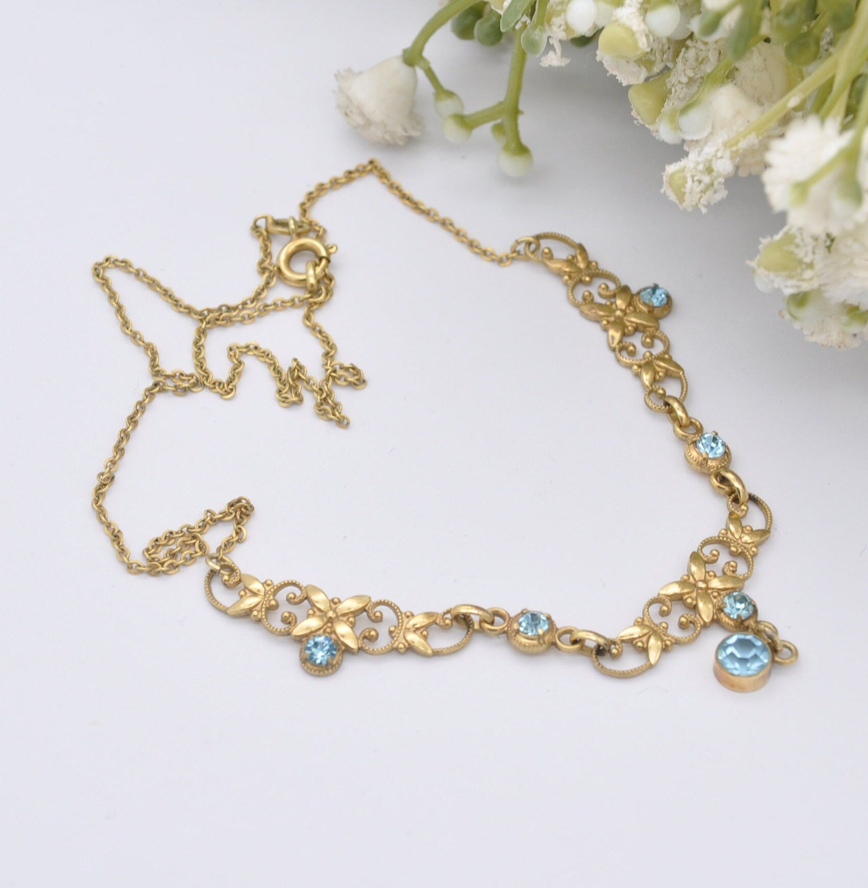 Vintage Andreas Daub Rolled Gold Necklace with Blue Glass Drop Pendant A*D - Ornate Openwork Flower Design