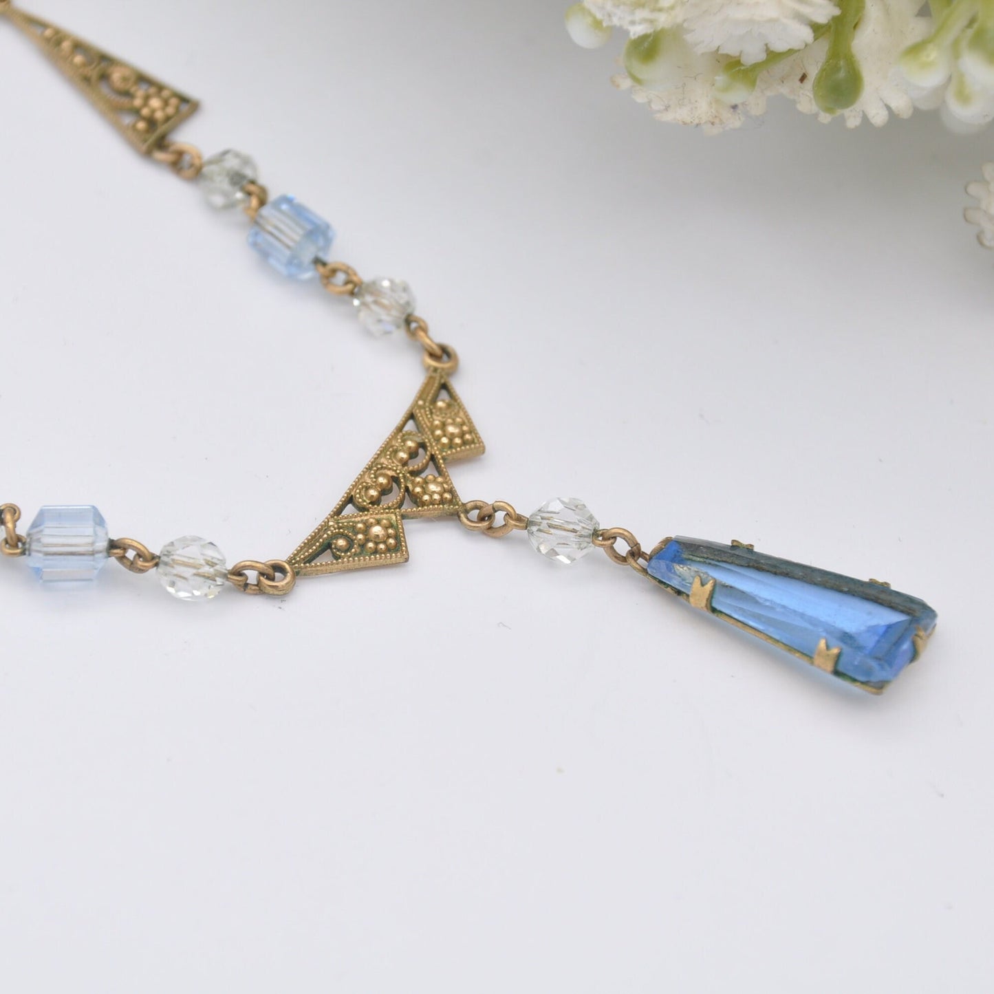 Antique Andreas Daub Rolled Gold Necklace with Blue Glass Drop Pendant A*D - Openwork Flower Design