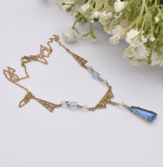 Antique Andreas Daub Rolled Gold Necklace with Blue Glass Drop Pendant A*D - Openwork Flower Design