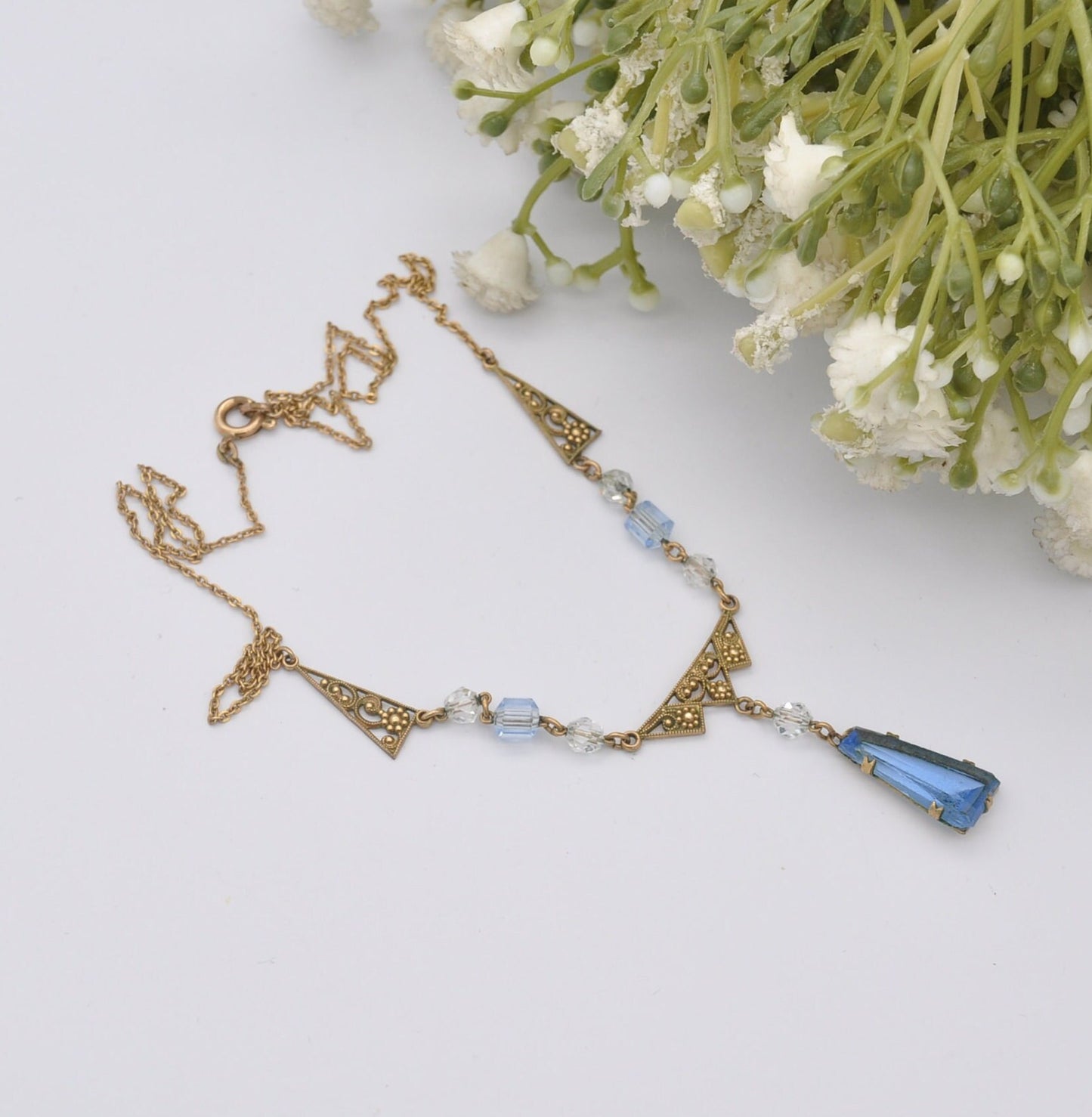 Antique Andreas Daub Rolled Gold Necklace with Blue Glass Drop Pendant A*D - Openwork Flower Design