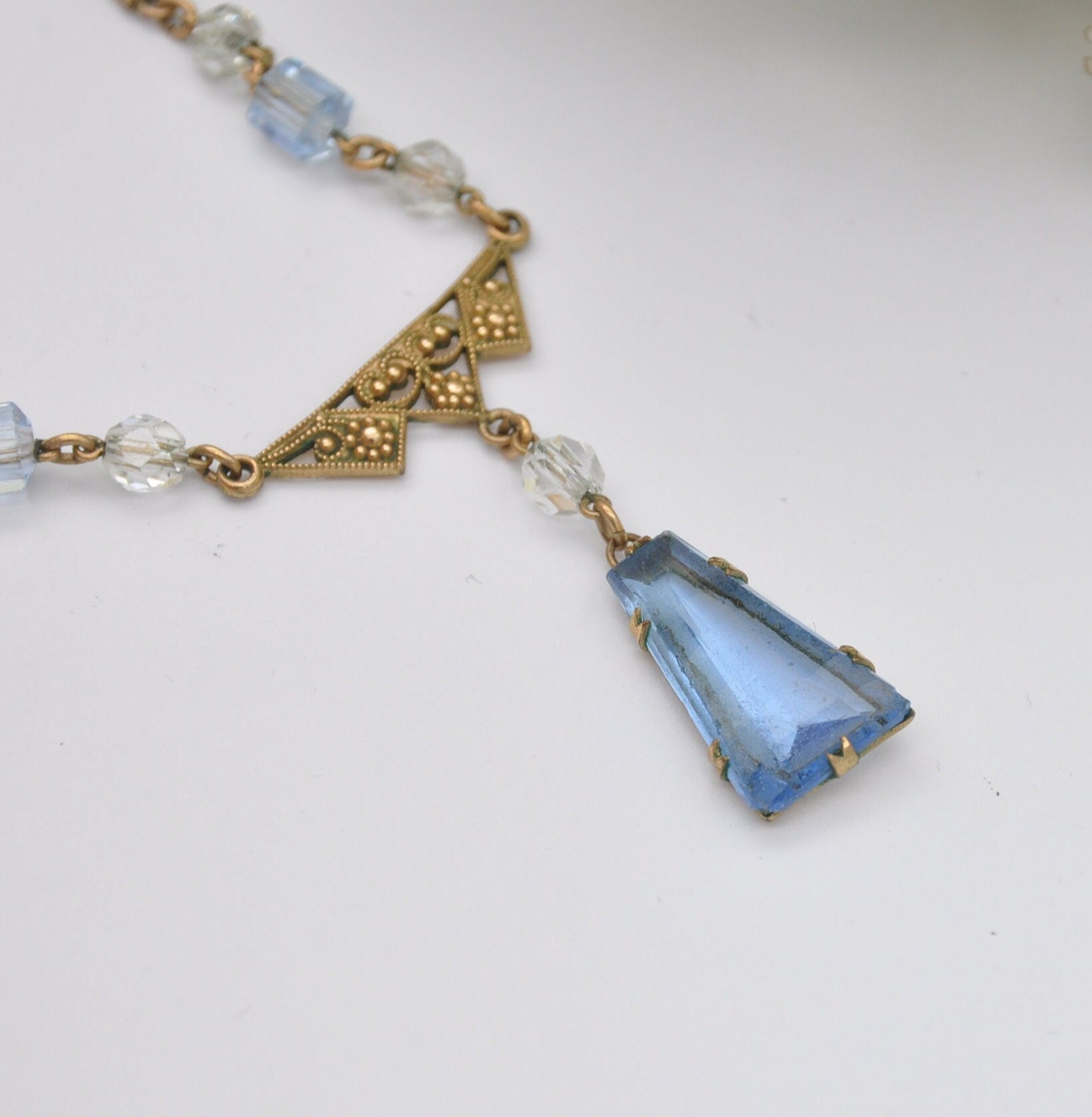 Antique Andreas Daub Rolled Gold Necklace with Blue Glass Drop Pendant A*D - Openwork Flower Design