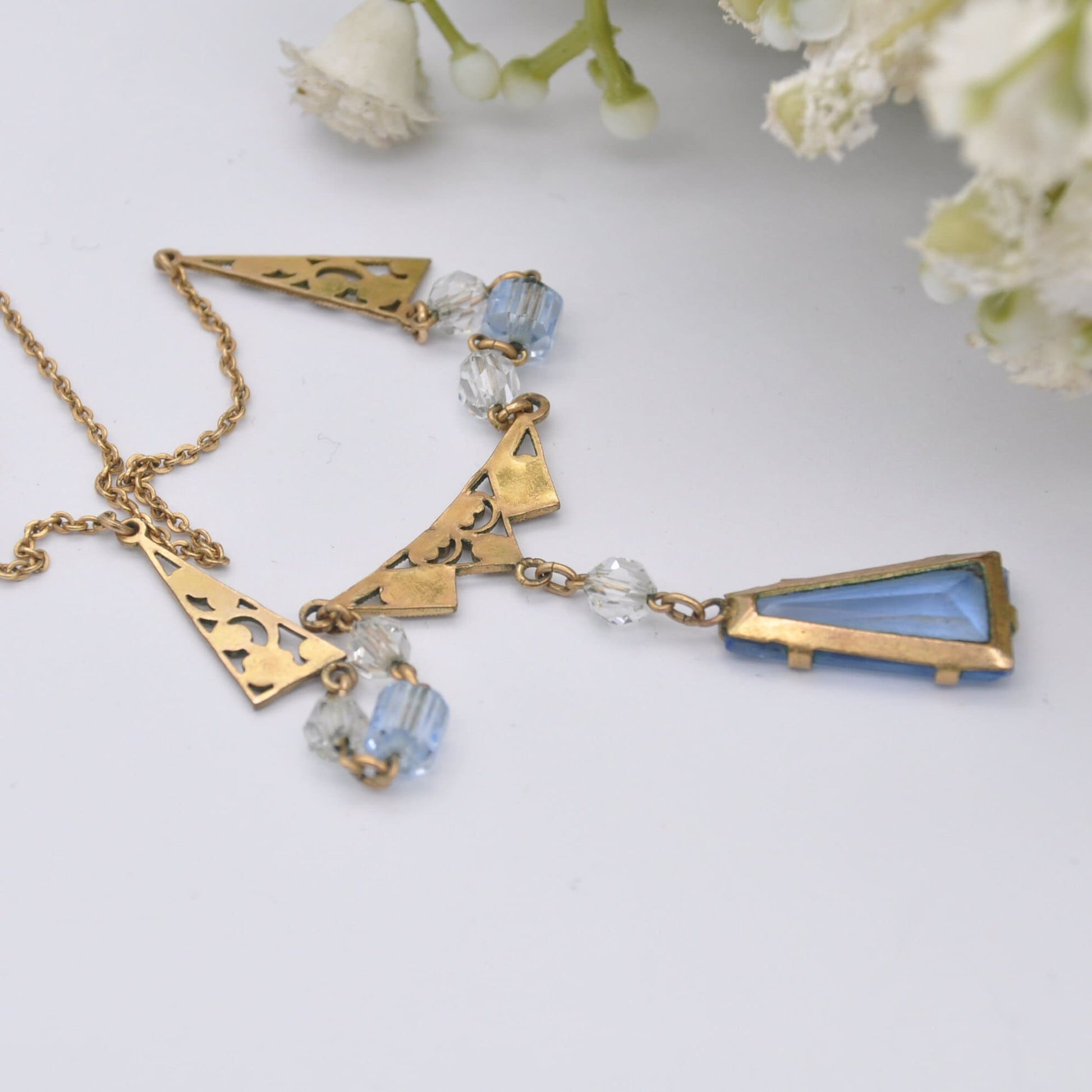 Antique Andreas Daub Rolled Gold Necklace with Blue Glass Drop Pendant A*D - Openwork Flower Design