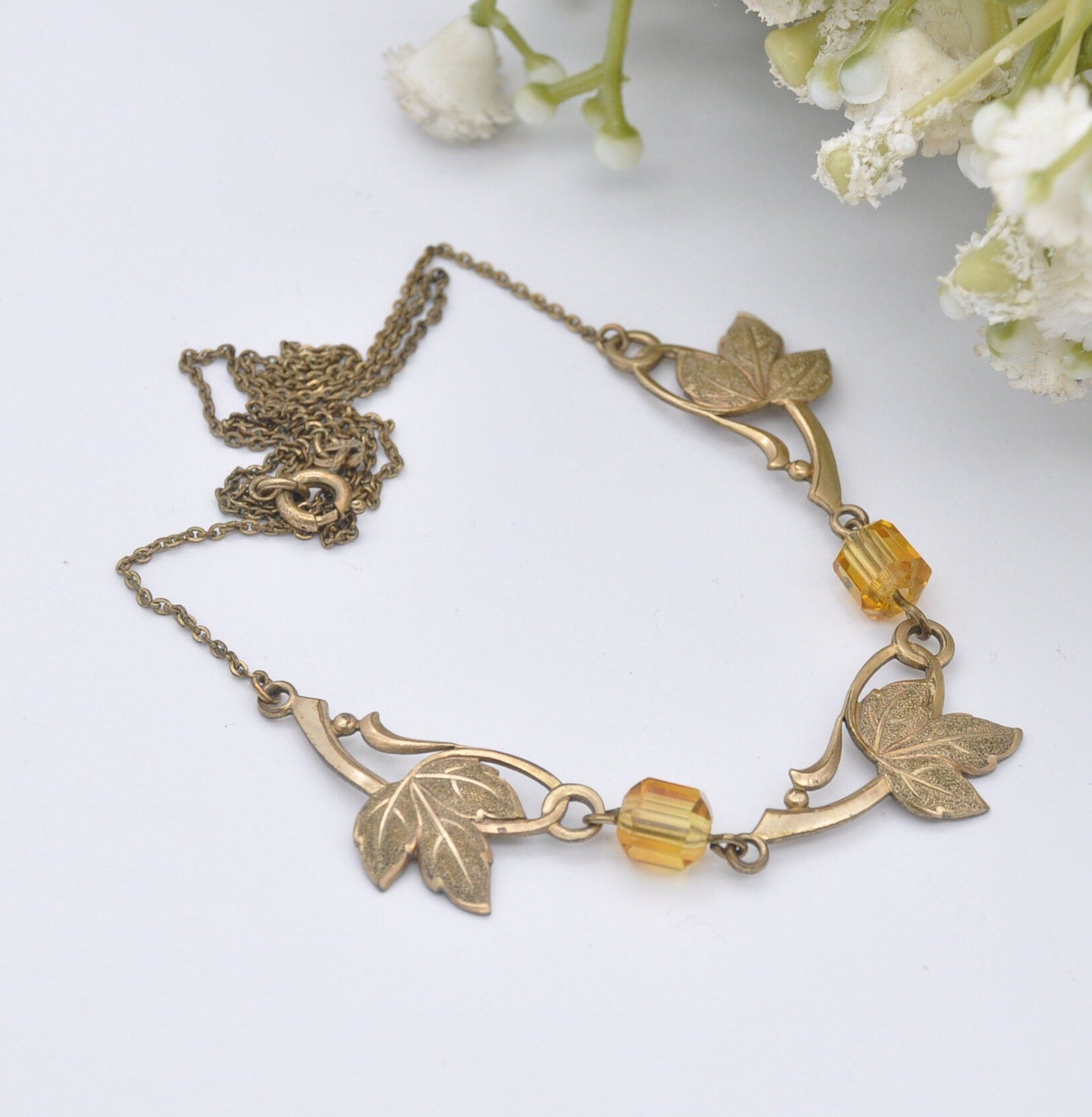 Vintage Rolled Gold Leaf Necklace with Faceted Glass Stones - Floral Chain Necklace | Orange Glass | Signed AW