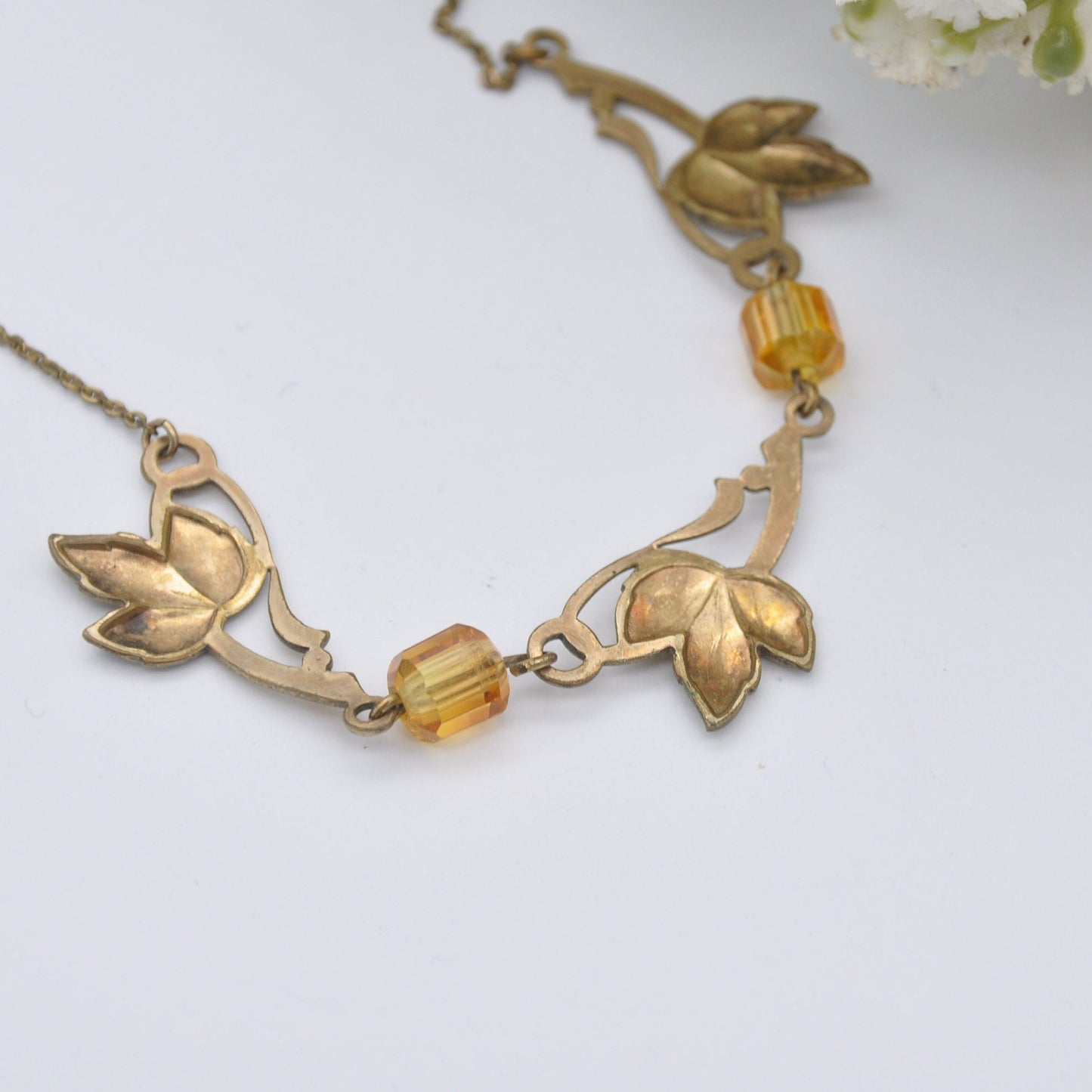 Vintage Rolled Gold Leaf Necklace with Faceted Glass Stones - Floral Chain Necklace | Orange Glass | Signed AW