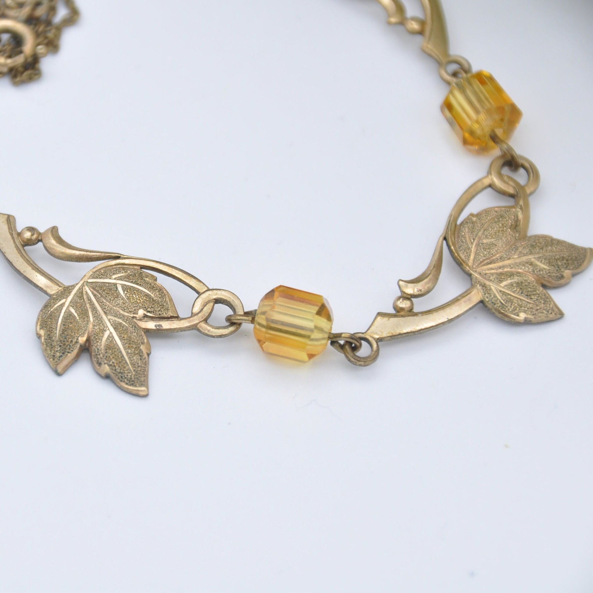 Vintage Rolled Gold Leaf Necklace with Faceted Glass Stones - Floral Chain Necklace | Orange Glass | Signed AW