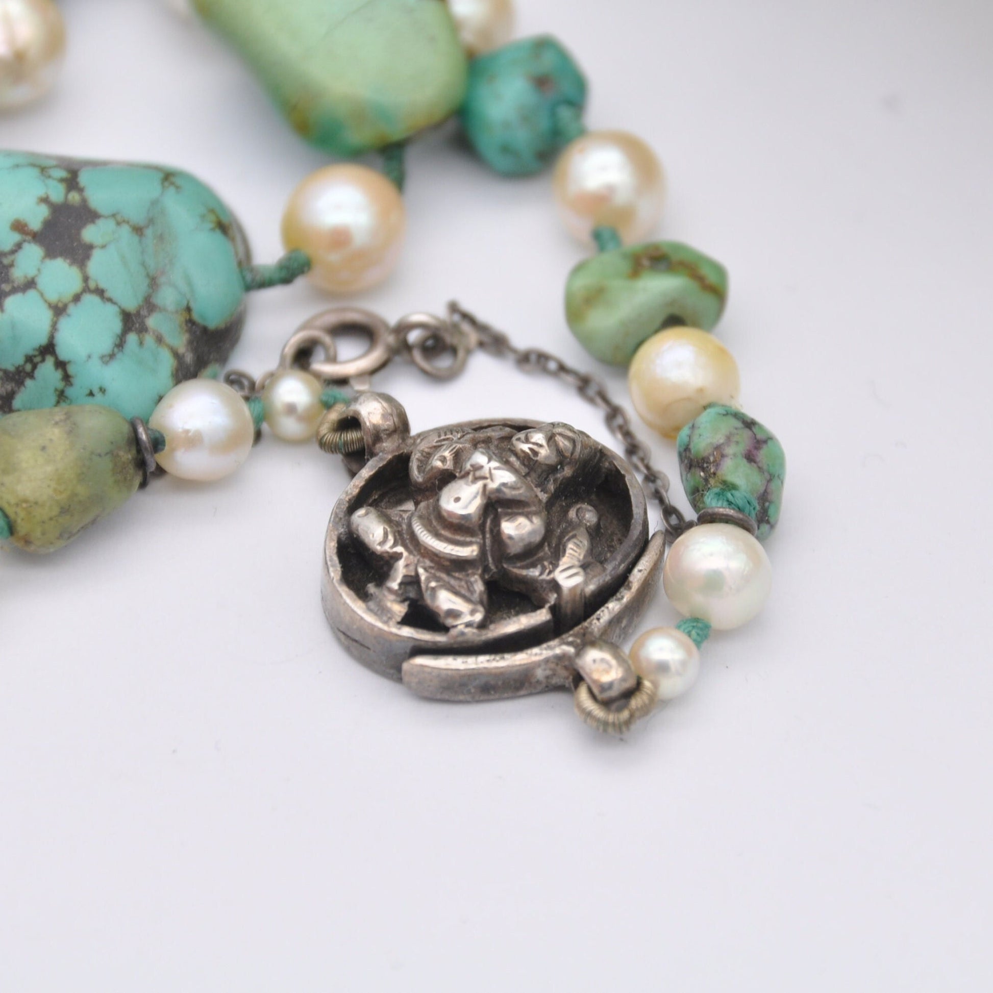 Vintage Turquoise and Pearl Necklace with Silver God Clasp - Chunky Graduating Gemstone Necklace