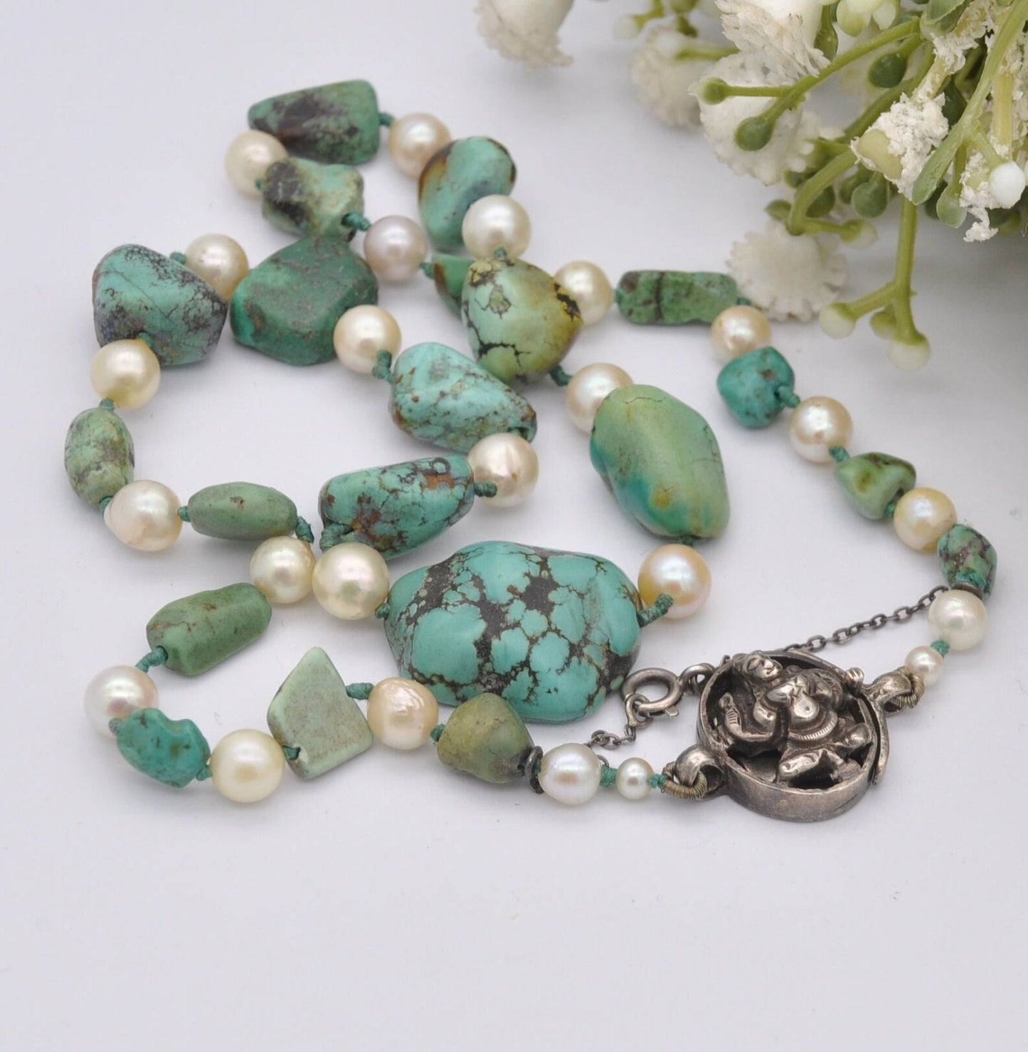 Vintage Turquoise and Pearl Necklace with Silver God Clasp - Chunky Graduating Gemstone Necklace