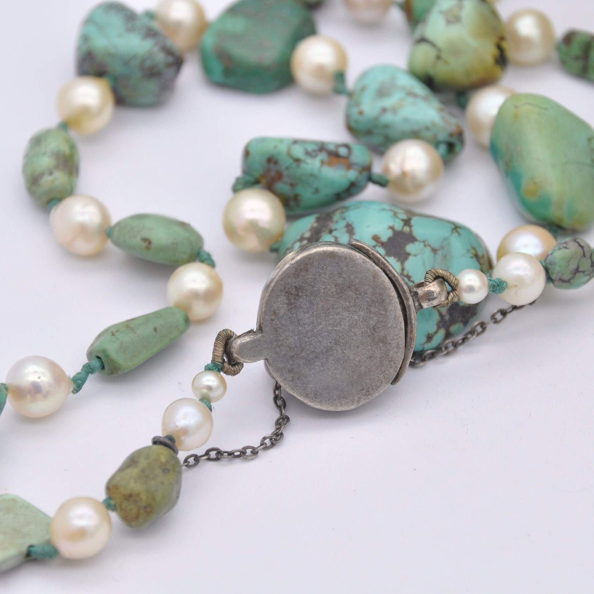 Vintage Turquoise and Pearl Necklace with Silver God Clasp - Chunky Graduating Gemstone Necklace