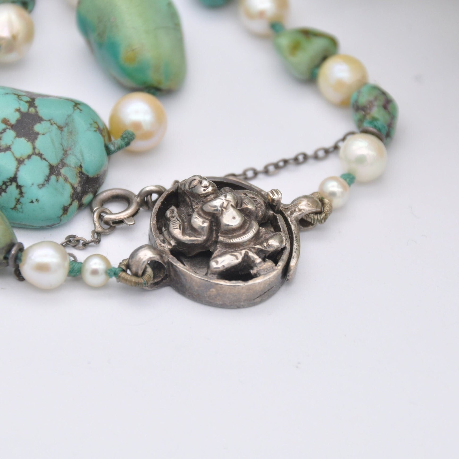 Vintage Turquoise and Pearl Necklace with Silver God Clasp - Chunky Graduating Gemstone Necklace