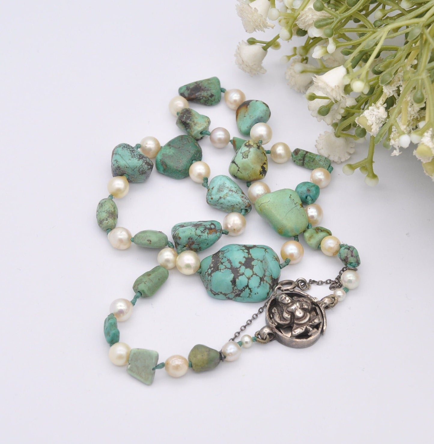 Vintage Turquoise and Pearl Necklace with Silver God Clasp - Chunky Graduating Gemstone Necklace