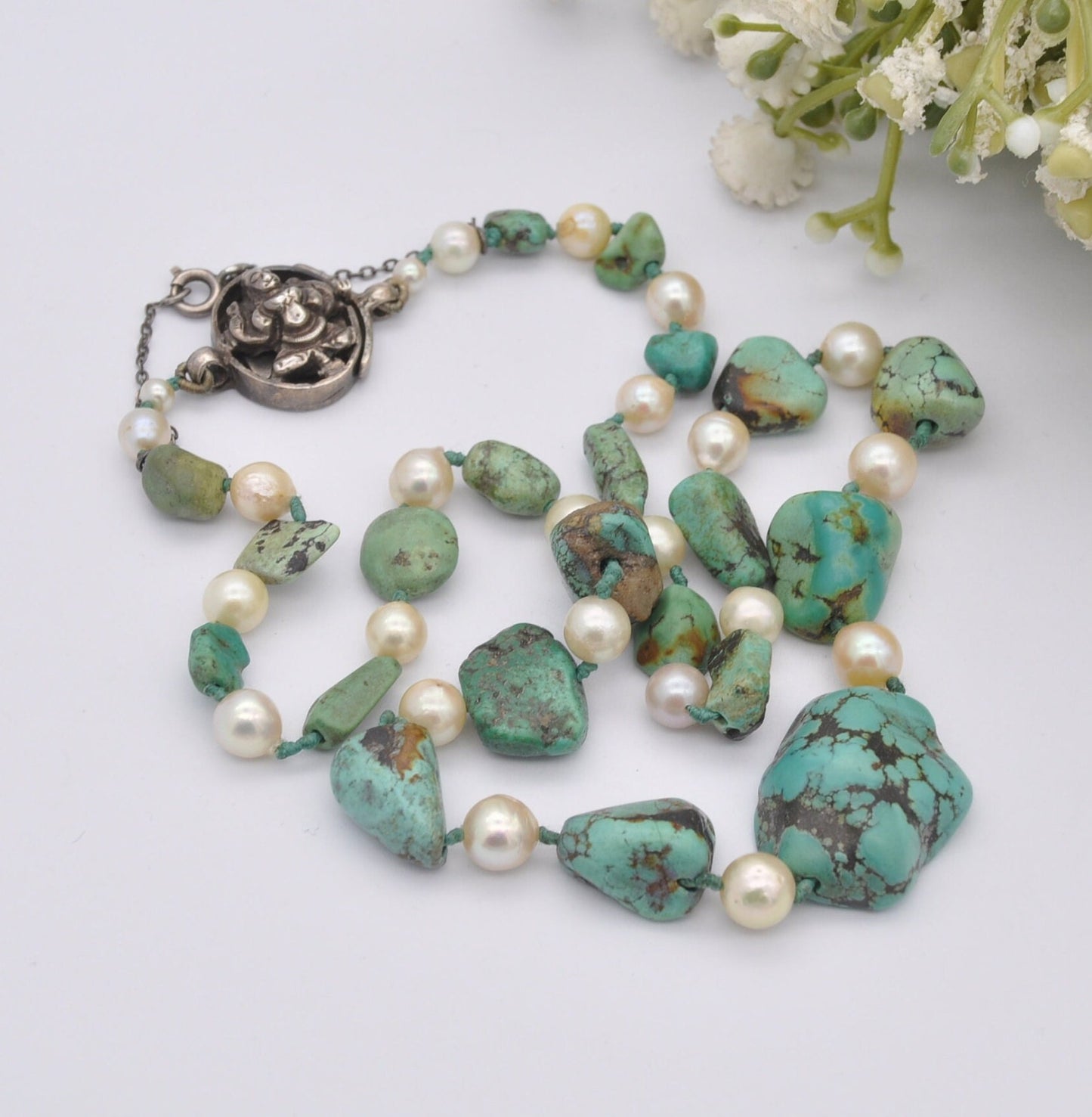 Vintage Turquoise and Pearl Necklace with Silver God Clasp - Chunky Graduating Gemstone Necklace