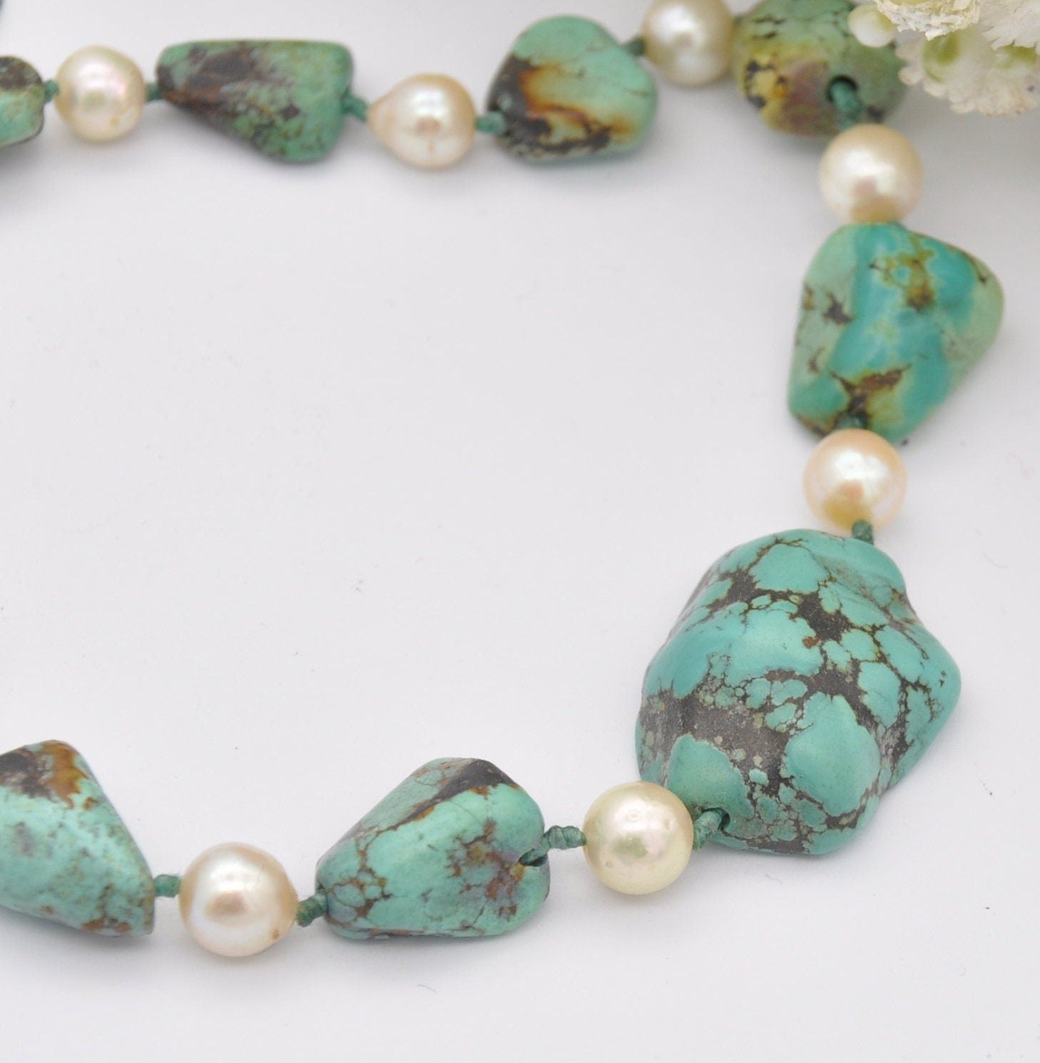 Vintage Turquoise and Pearl Necklace with Silver God Clasp - Chunky Graduating Gemstone Necklace