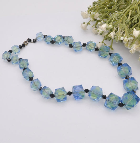 Vintage Czech Uranium Glass Bead Necklace - Blue Green Faceted | Graduated Beaded Necklace | Original Chain