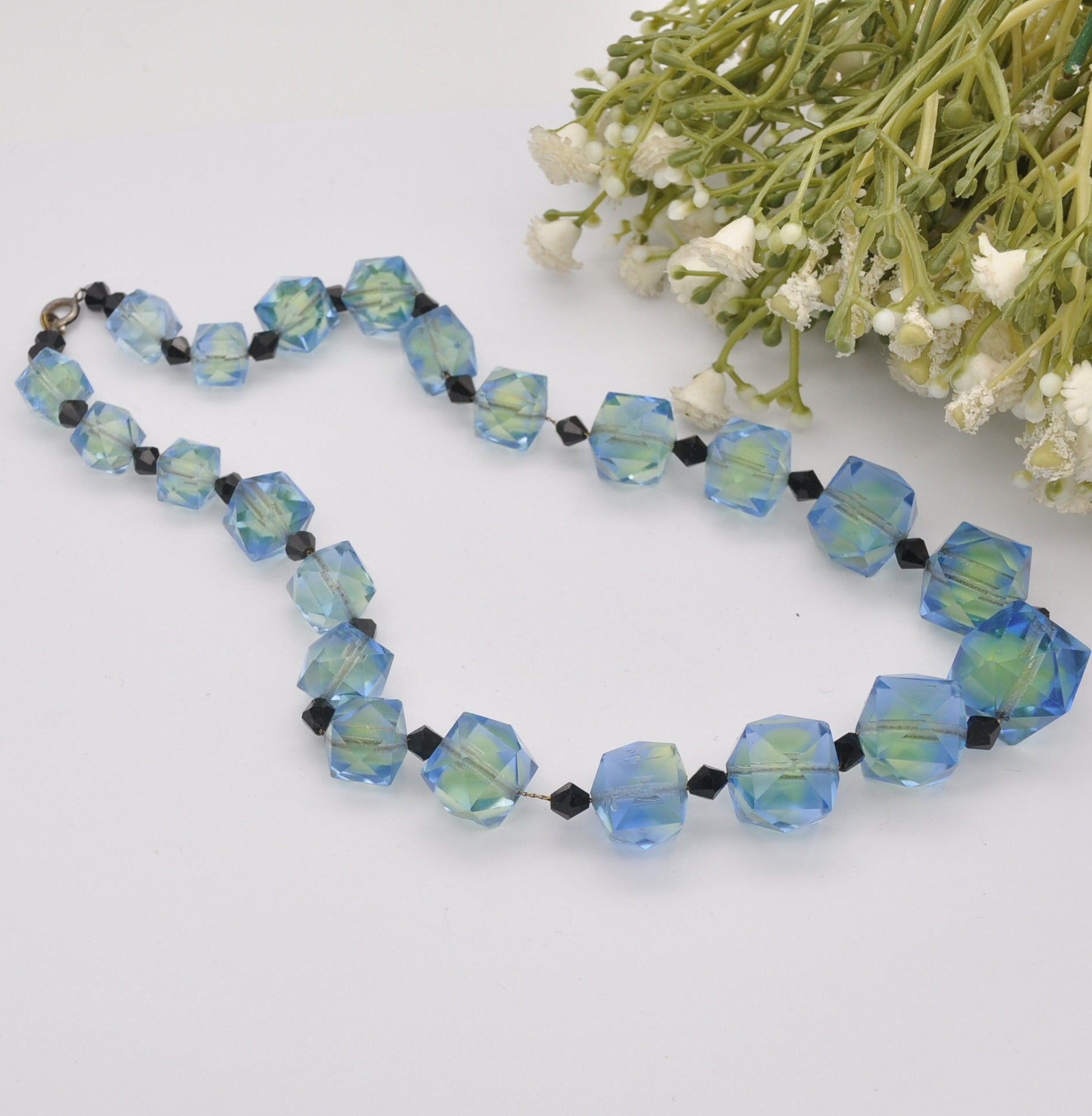 Vintage Czech Uranium Glass Bead Necklace - Blue Green Faceted | Graduated Beaded Necklace | Original Chain