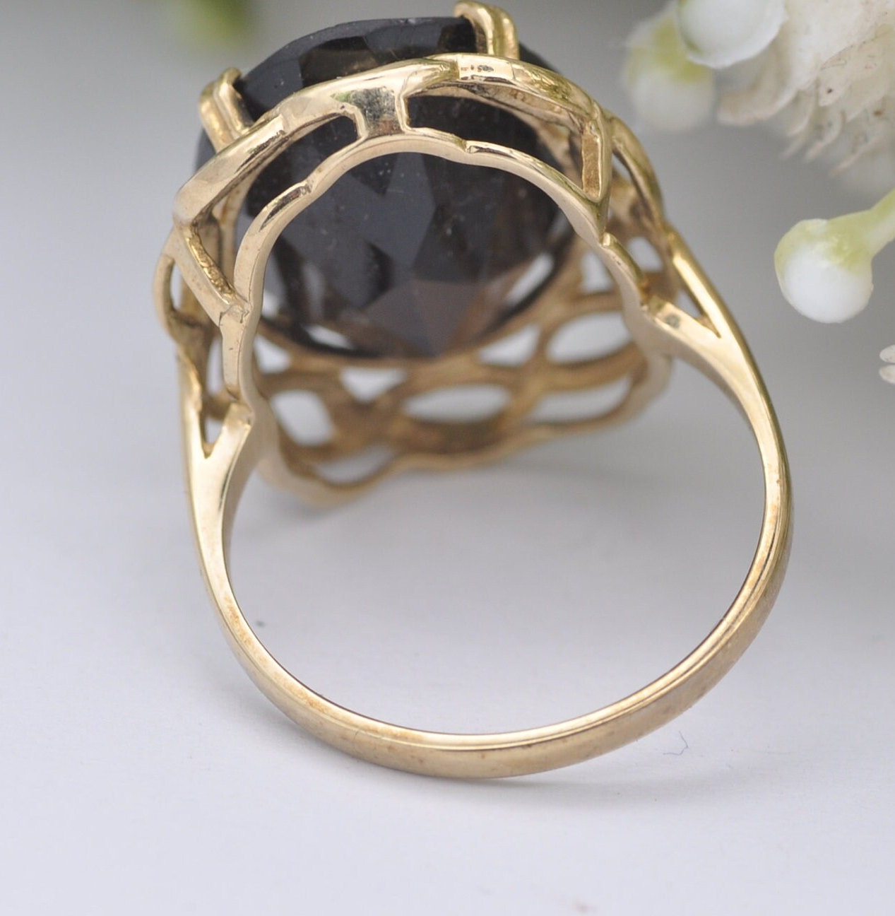 Vintage 9ct Gold Smoky Quartz Cocktail Ring - Mid-Century Statement Ring | UK Size - N 1/2 | US Size - 6 3/4