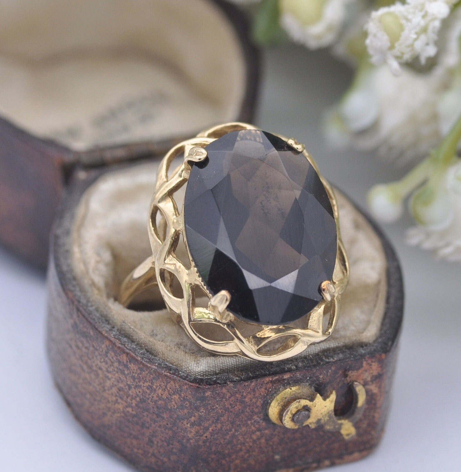 Vintage 9ct Gold Smoky Quartz Cocktail Ring - Mid-Century Statement Ring | UK Size - N 1/2 | US Size - 6 3/4