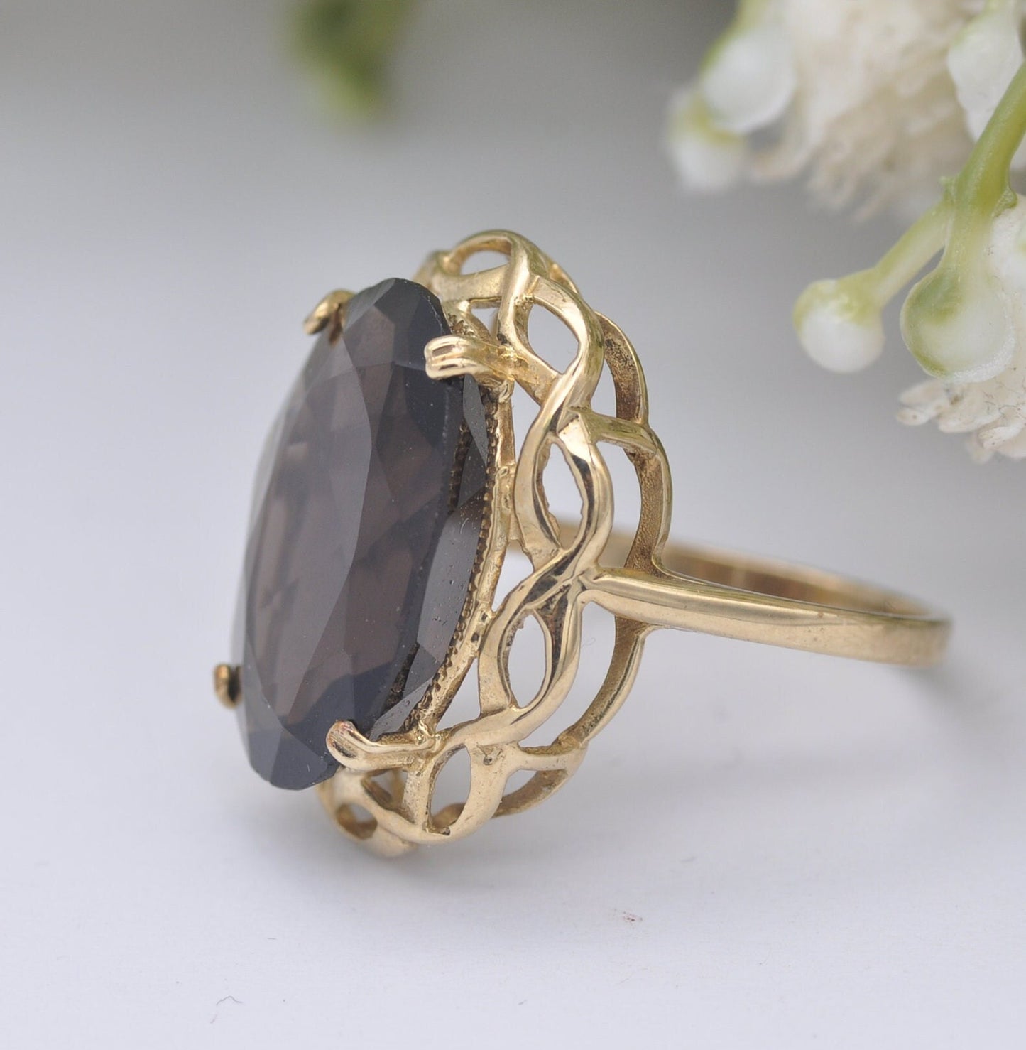 Vintage 9ct Gold Smoky Quartz Cocktail Ring - Mid-Century Statement Ring | UK Size - N 1/2 | US Size - 6 3/4