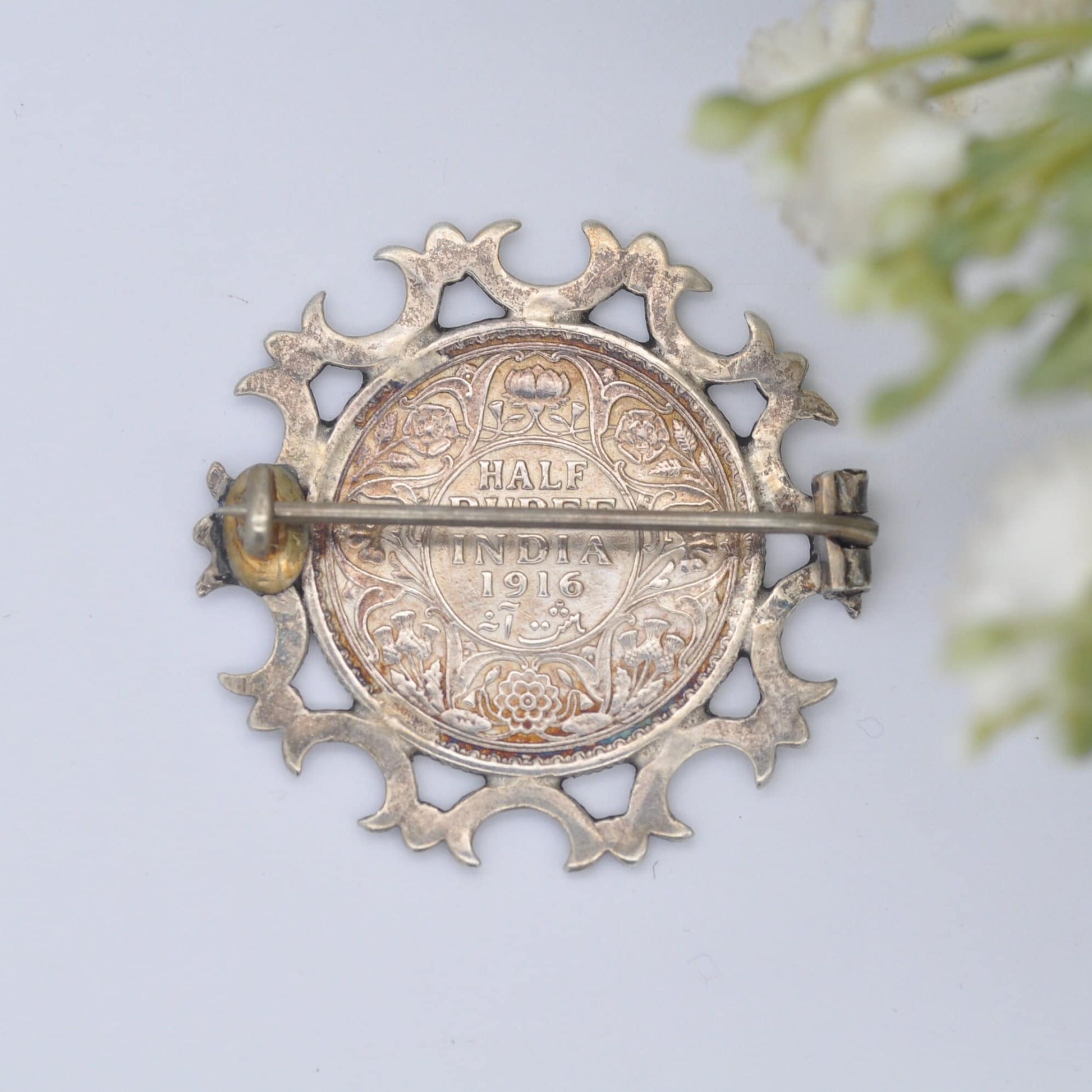 Antique George V Half Rupee Coin Brooch - 1916 Indian Coin Brooch | Sterling Silver