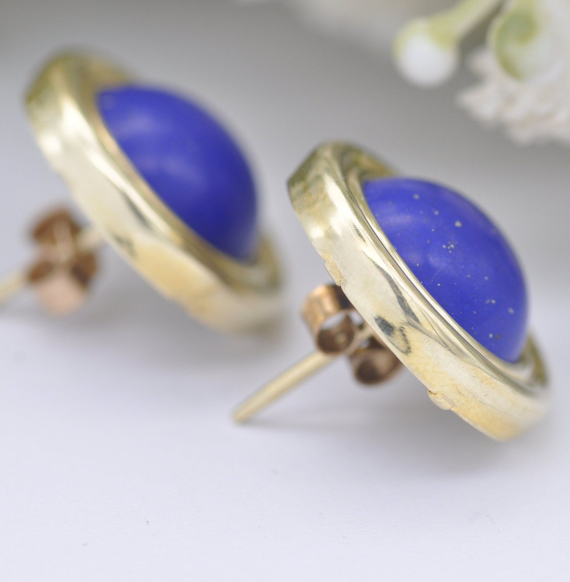 Vintage 14ct Gold Lapis Lazuli Stud Earrings - Large Cabochon Gemstone Studs