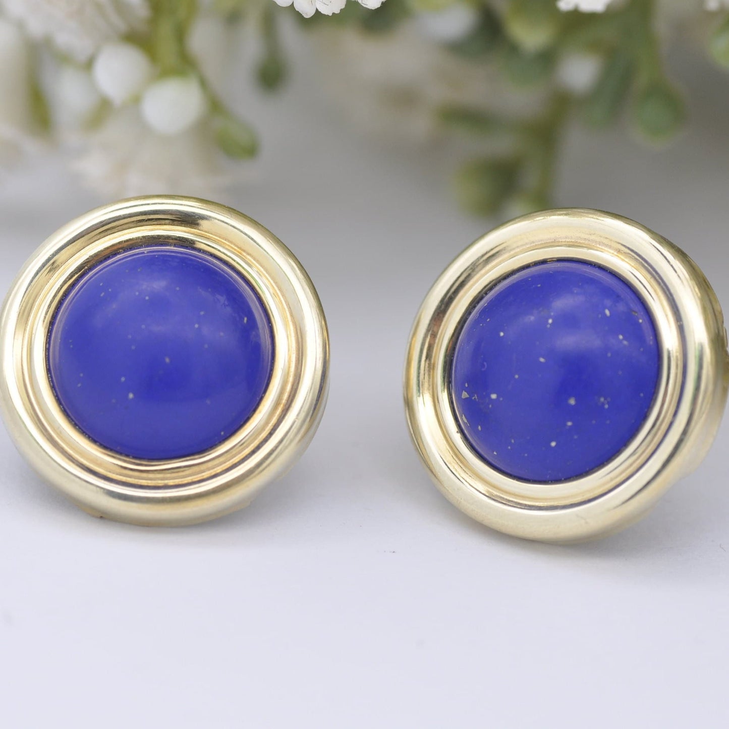 Vintage 14ct Gold Lapis Lazuli Stud Earrings - Large Cabochon Gemstone Studs