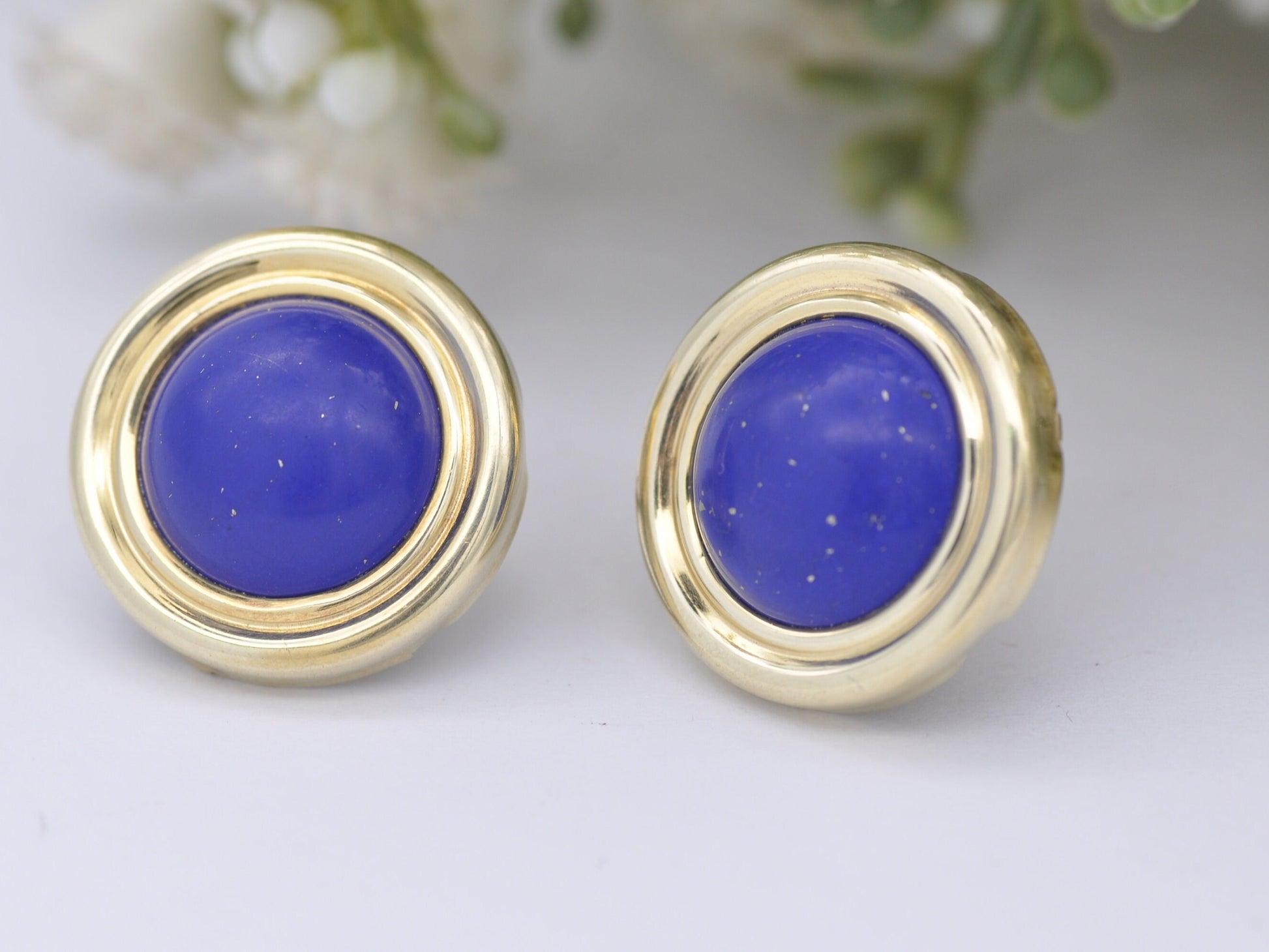 Vintage 14ct Gold Lapis Lazuli Stud Earrings - Large Cabochon Gemstone Studs