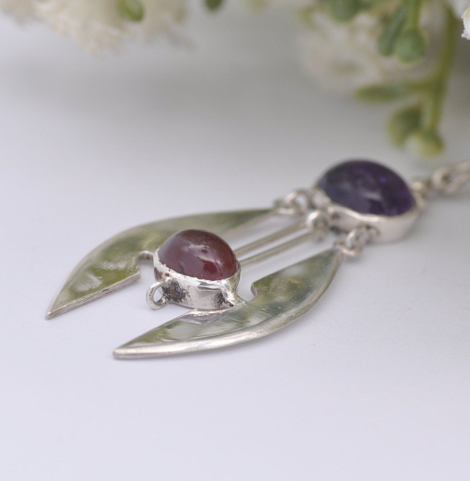 Vintage Sterling Silver Modernist Gemstone Dangle Earrings with Cabochon Amethyst | Purple and Red Stones