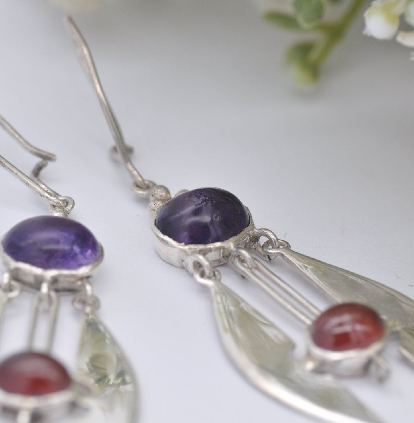 Vintage Sterling Silver Modernist Gemstone Dangle Earrings with Cabochon Amethyst | Purple and Red Stones