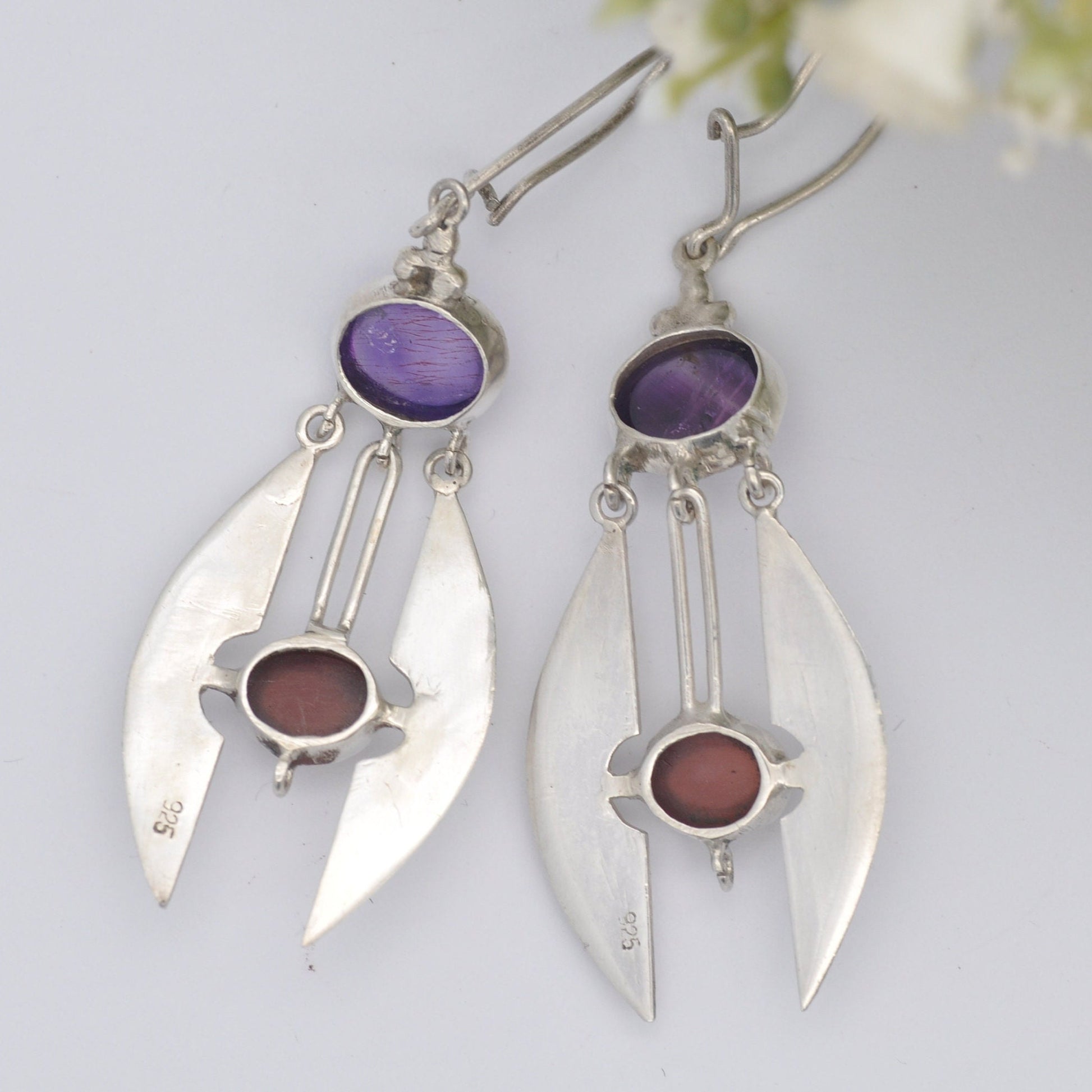 Vintage Sterling Silver Modernist Gemstone Dangle Earrings with Cabochon Amethyst | Purple and Red Stones