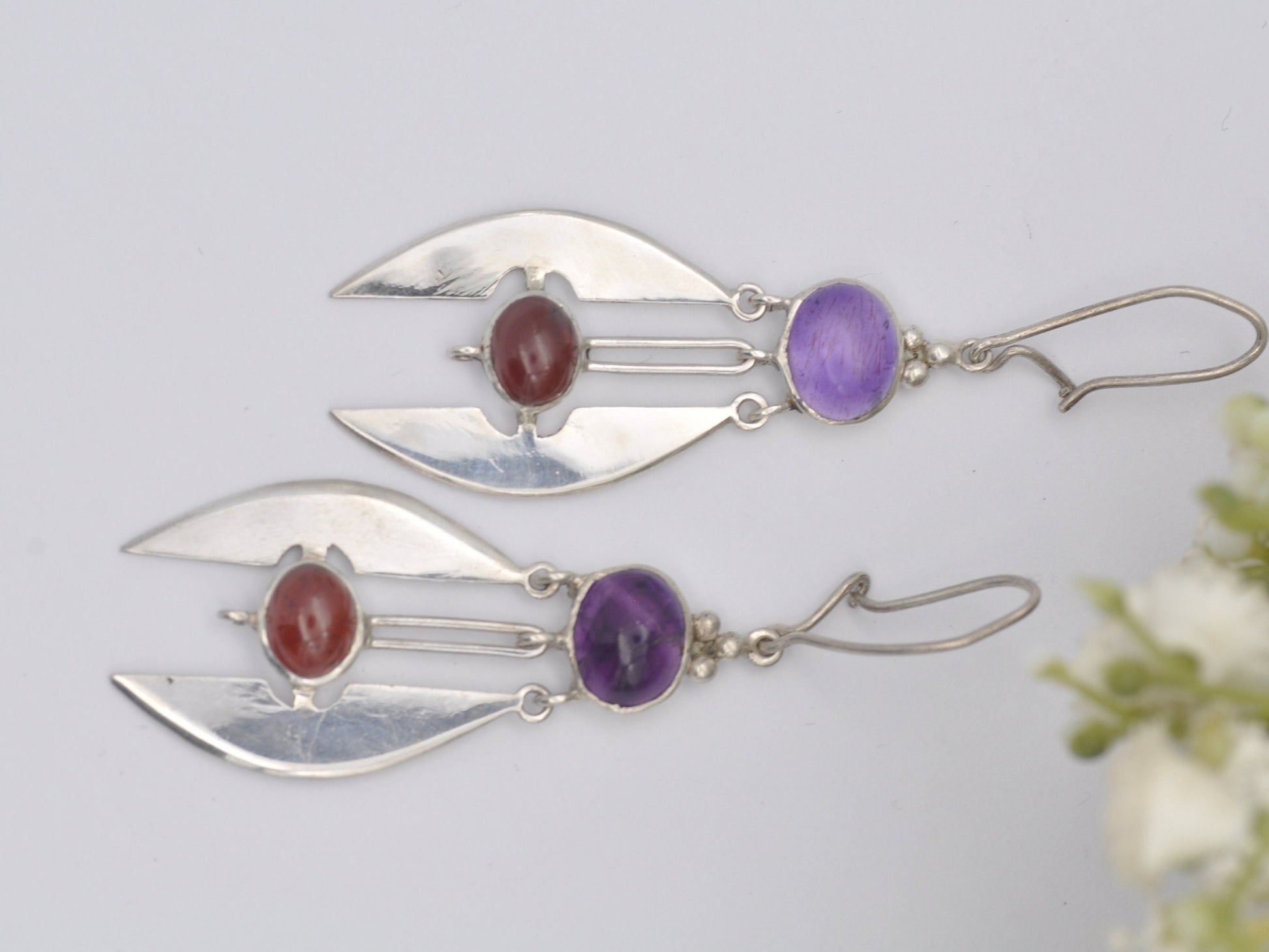 Vintage Sterling Silver Modernist Gemstone Dangle Earrings with Cabochon Amethyst | Purple and Red Stones