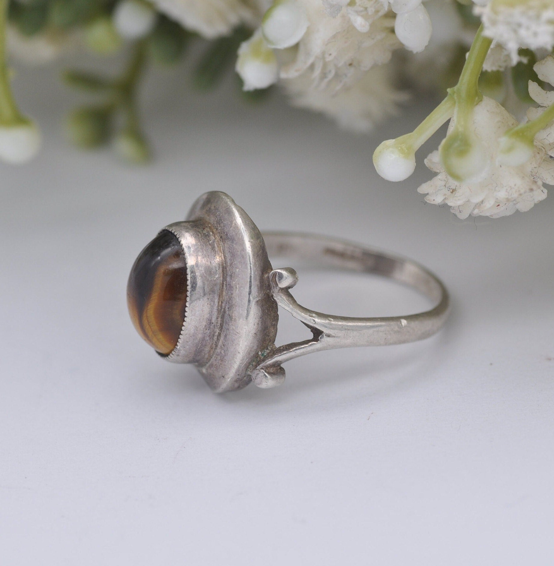 Vintage Sterling Silver Tiger's Eye Ring 1975 - Mid-Century Maker | UK Size - O | US Size - 7 1/4