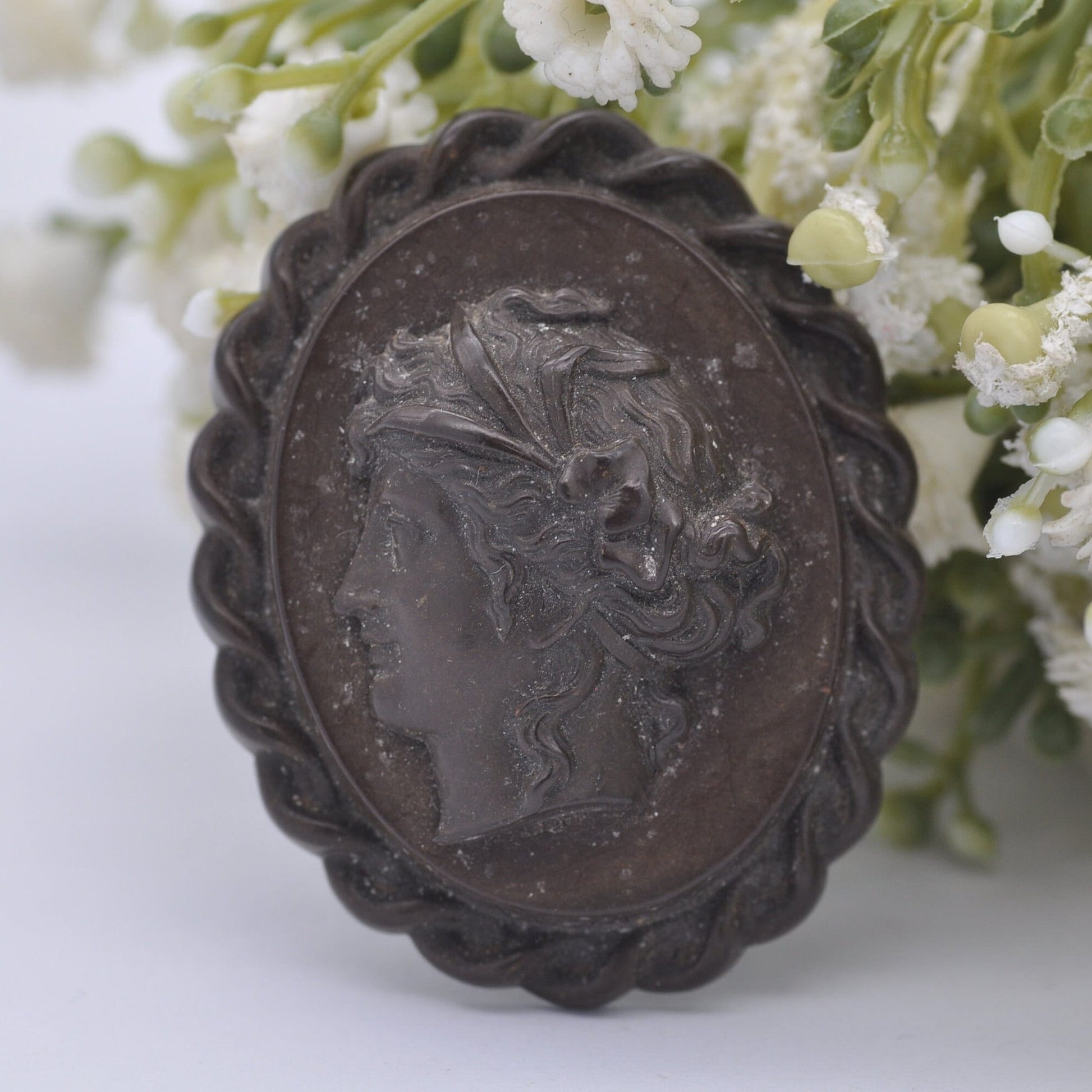 Antique Vulcanite Cameo Brooch with Rope Twist Border and Classical Face Profile