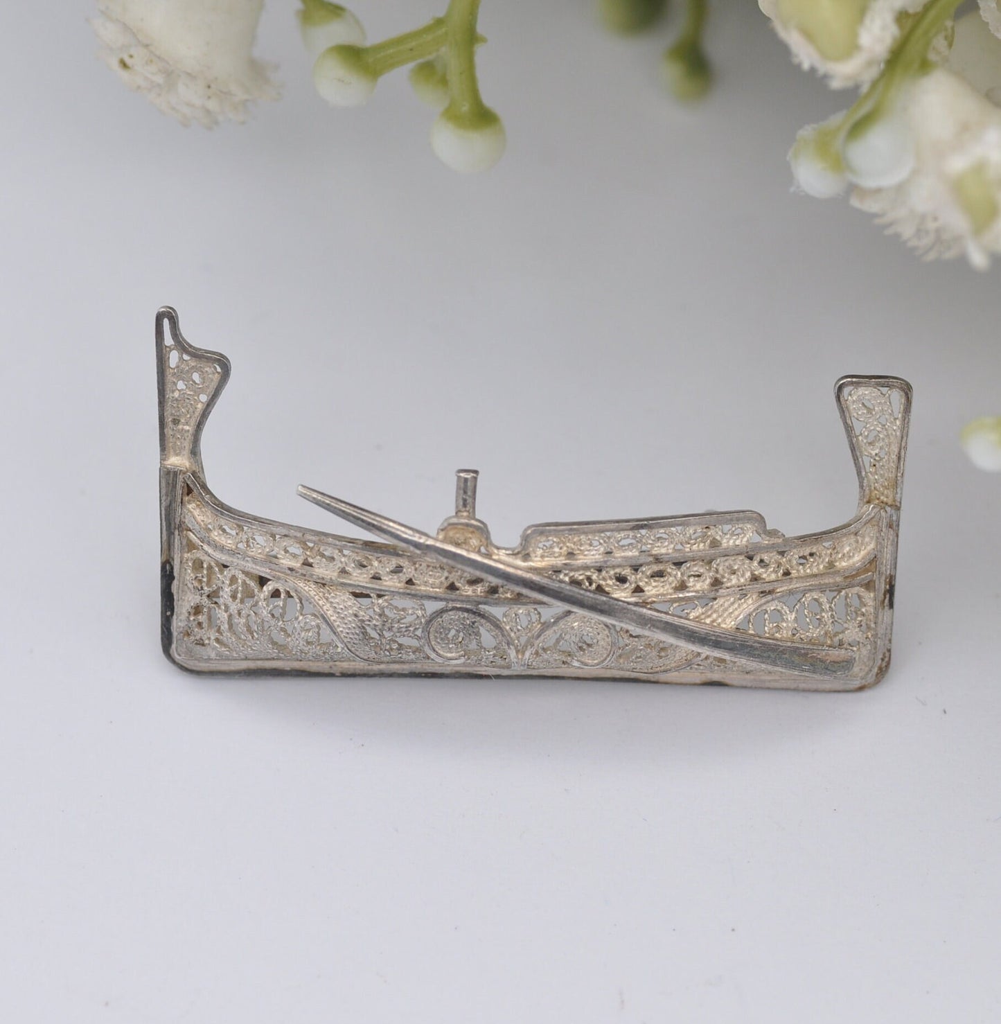 Vintage Sterling Silver Filigree Gondola Brooch - Figural Boat Brooch