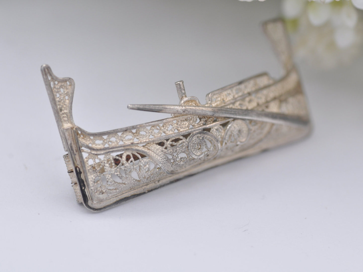 Vintage Sterling Silver Filigree Gondola Brooch - Figural Boat Brooch