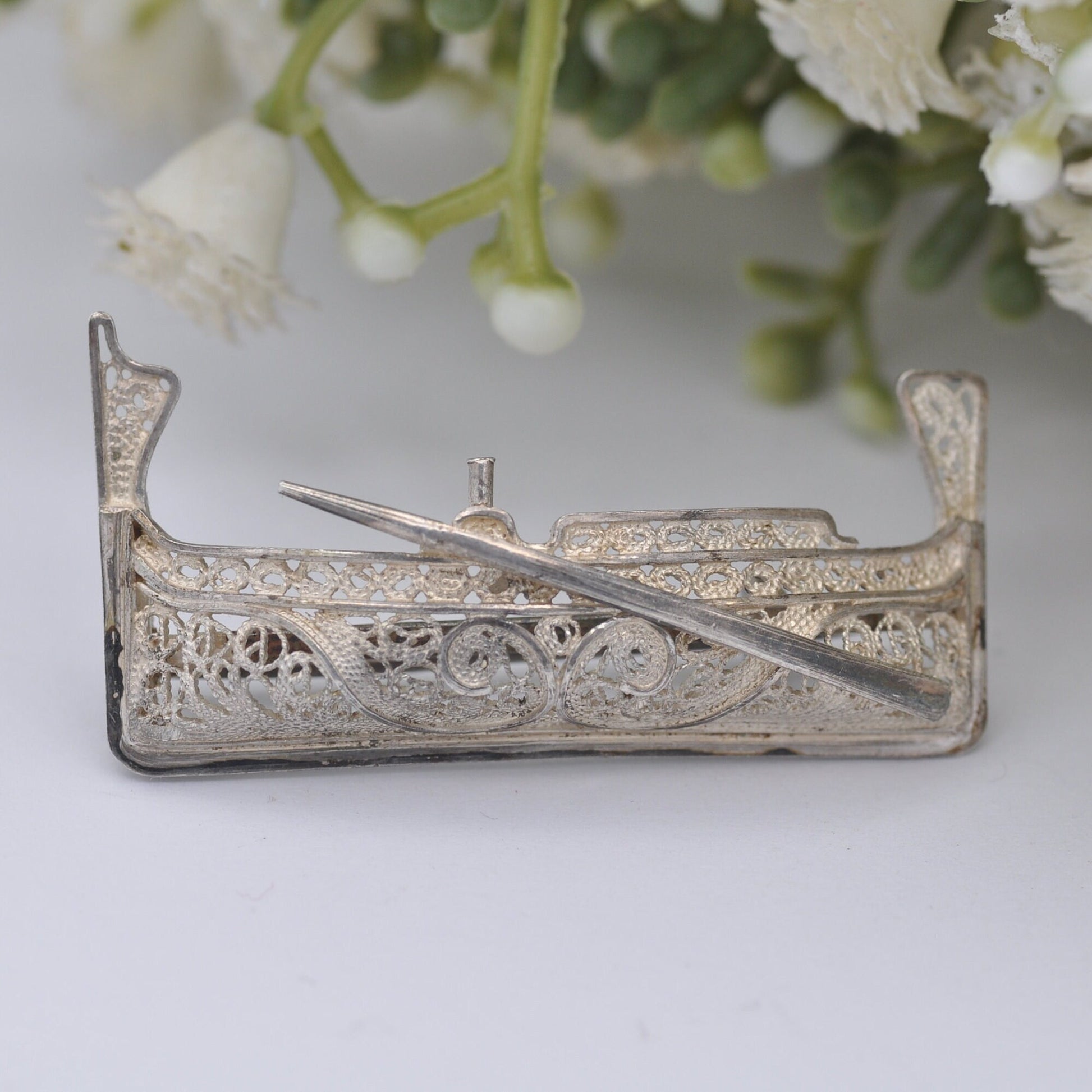 Vintage Sterling Silver Filigree Gondola Brooch - Figural Boat Brooch