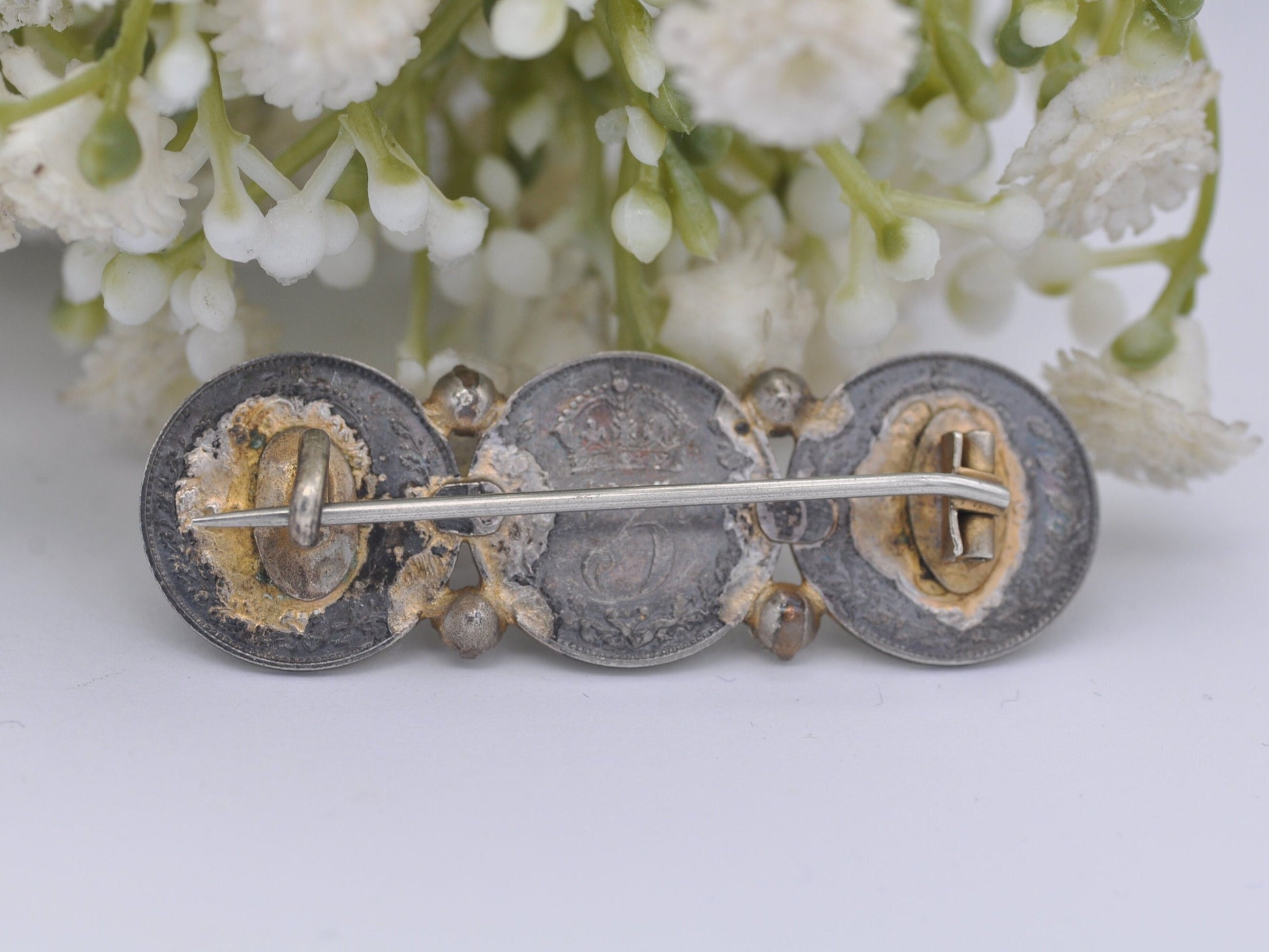 Antique Sterling Silver Threepence Coin Brooch with Crystal Paste - 1901 Victoria | 1909 Edward VII | 1919 George V