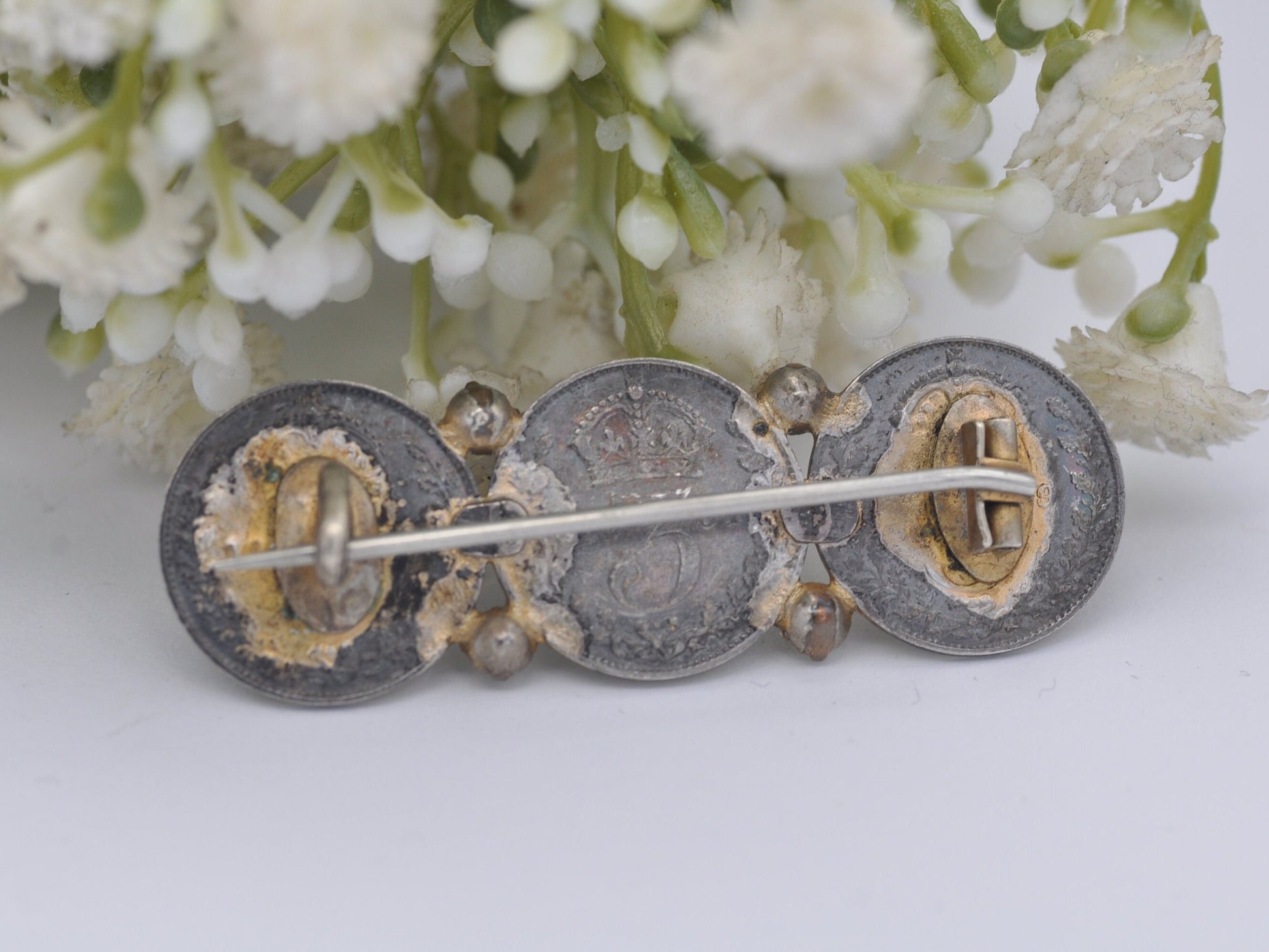 Antique Sterling Silver Threepence Coin Brooch with Crystal Paste - 1901 Victoria | 1909 Edward VII | 1919 George V