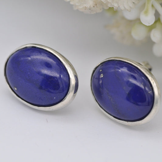 Vintage Sterling Silver Lapis Lazuli Stud Earrings - Chunky Oval Cabochon Studs