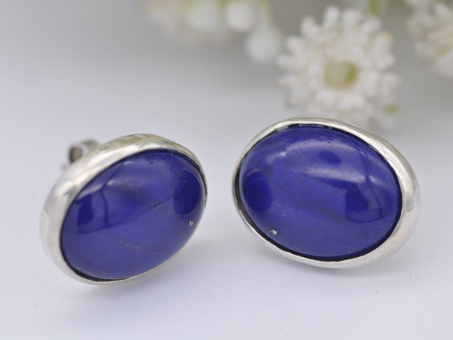 Vintage Sterling Silver Lapis Lazuli Stud Earrings - Chunky Oval Cabochon Studs