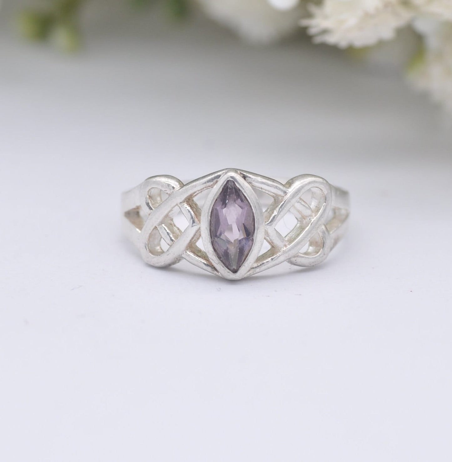 Vintage Sterling Silver Amethyst Celtic Ring - Quatrefoil Knot Twist Band | UK Size - O | US Size - 7 1/4