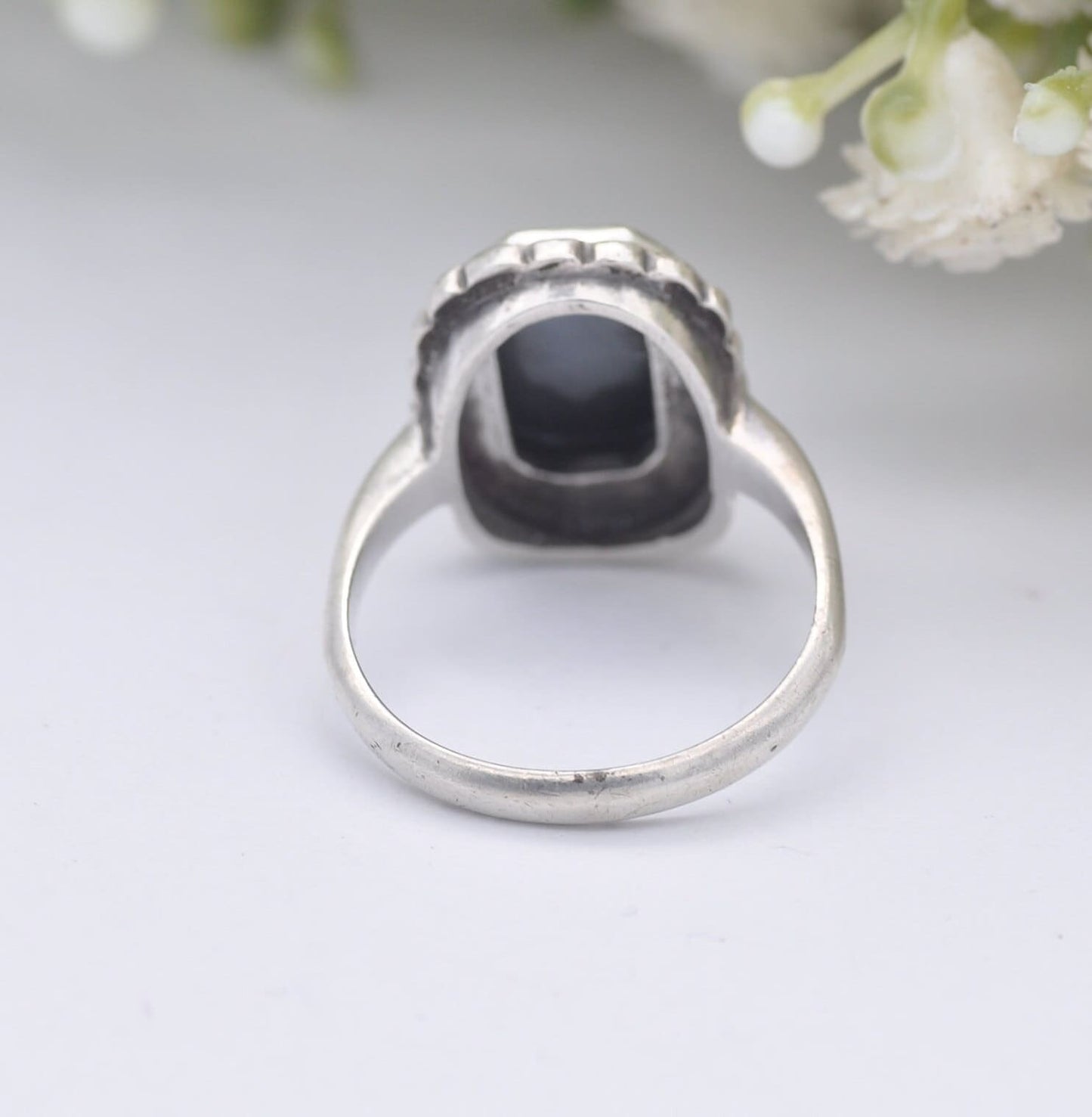 Vintage Sterling Silver Hematite Marcasite Ring Art Deco Style - UK Size - O 1/2 | US Size - 7 1/2