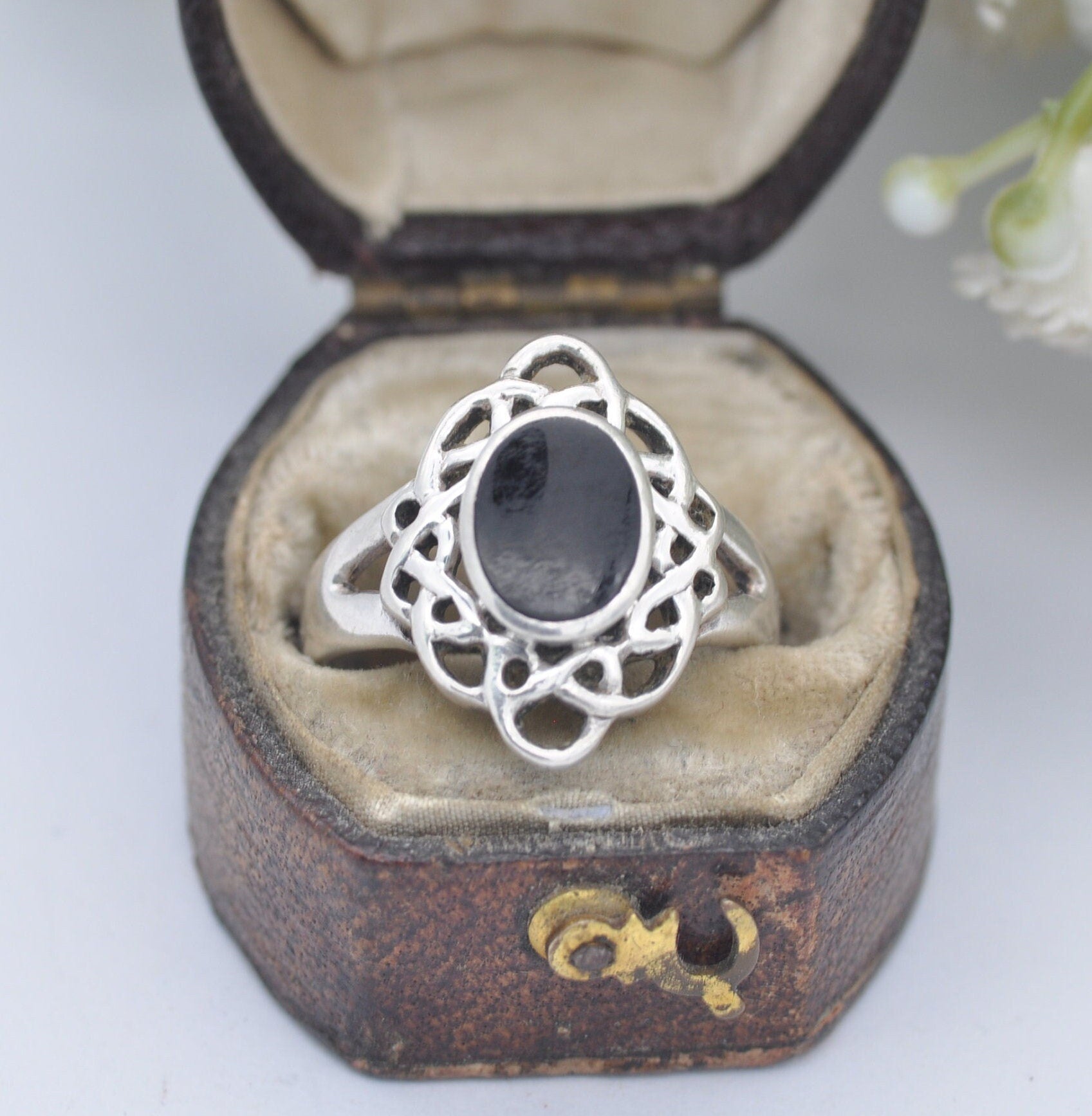 Vintage Kit Heath Sterling Silver Onyx Celtic Twist Ring - Ornate Setting | UK Size - L 1/2 / US Size - 6