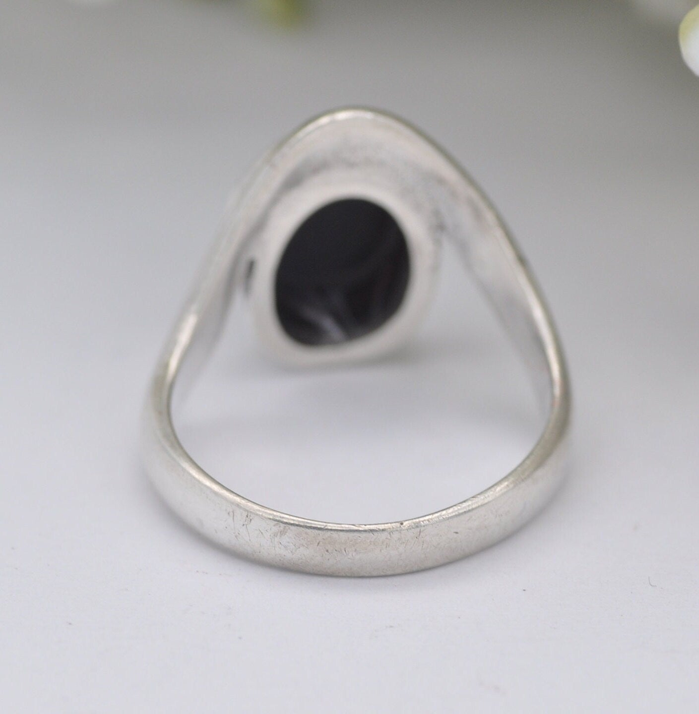 Vintage Kit Heath Sterling Silver and Onyx Wishbone Ring 1990s - Unisex / UK Size - K 1/2 | US Size - 5 1/2