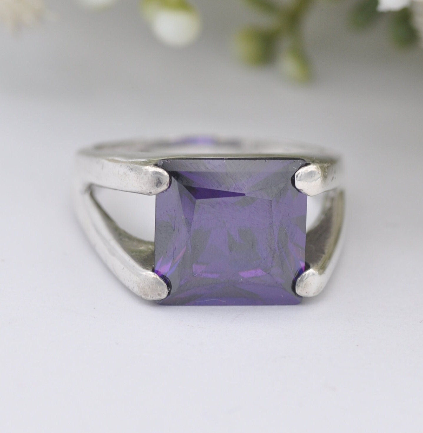 Italian Sterling Silver Purple Crystal Ring - Chunky Square Stone Ring | UK Size - S | US Size - 9